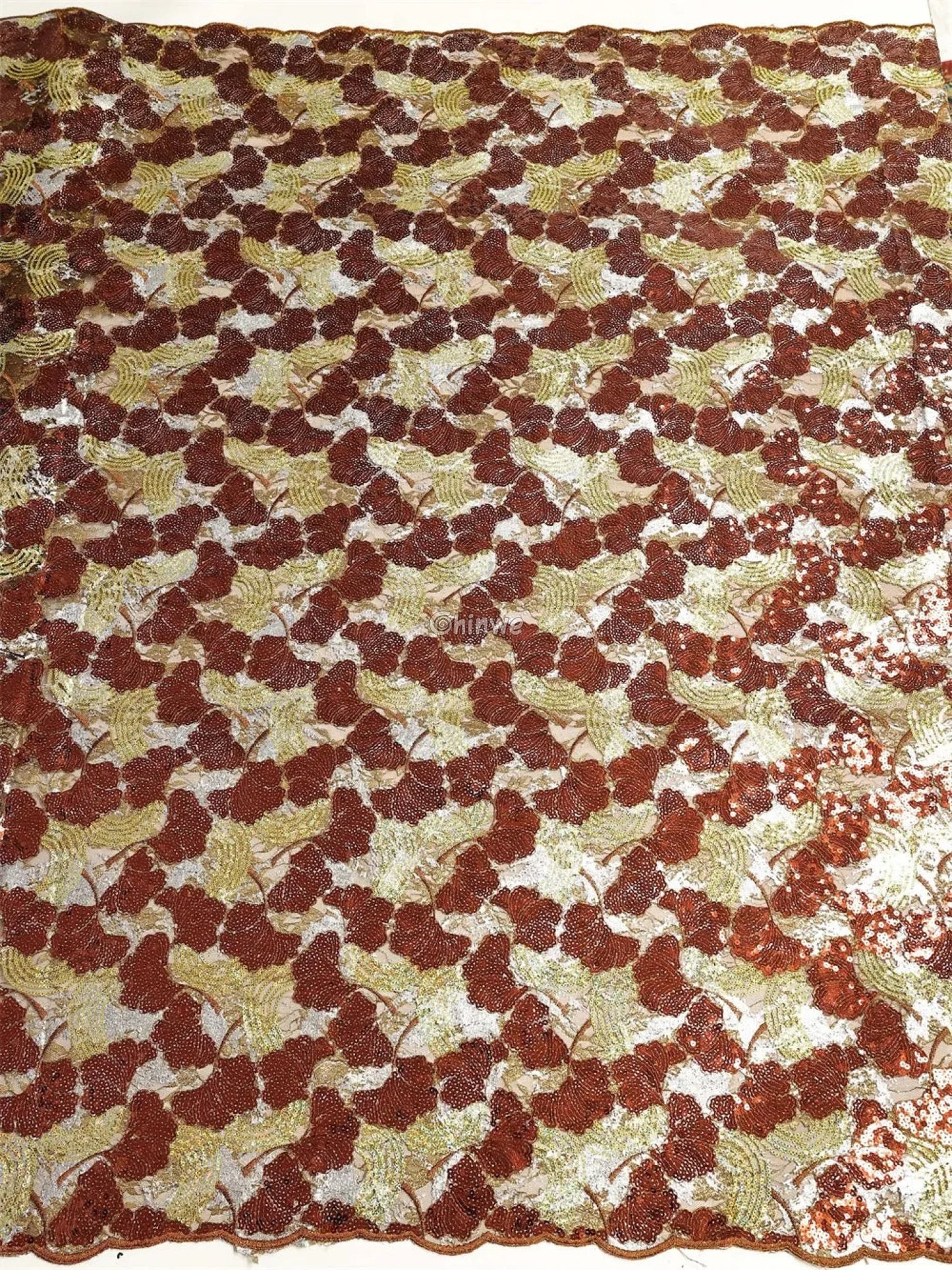 Sheer Sequin Lace Fabric with Swirling Motif and Scalloped Edge Embellished with Metallic Sequins