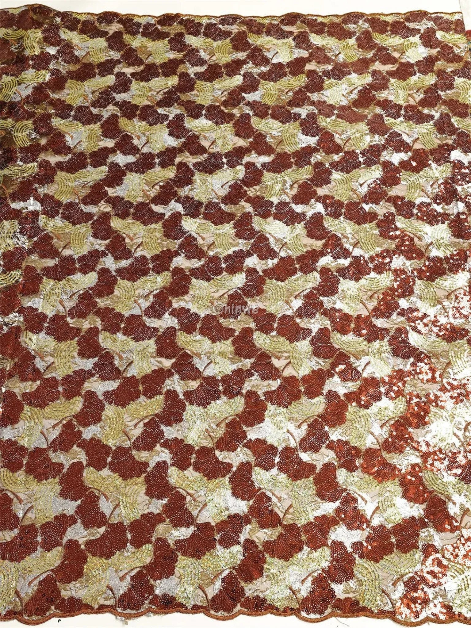 Sheer Sequin Lace Fabric with Swirling Motif and Scalloped Edge Embellished with Metallic Sequins