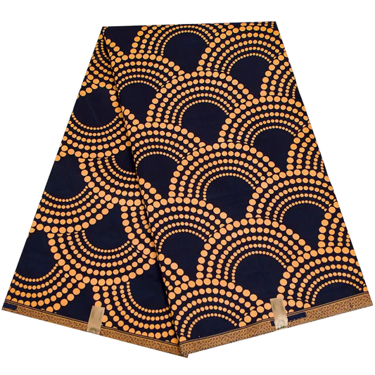 Golden Arc Ankara-Style Polyester Fabric – Black & Gold Fan Print, 3 or 6 Yards