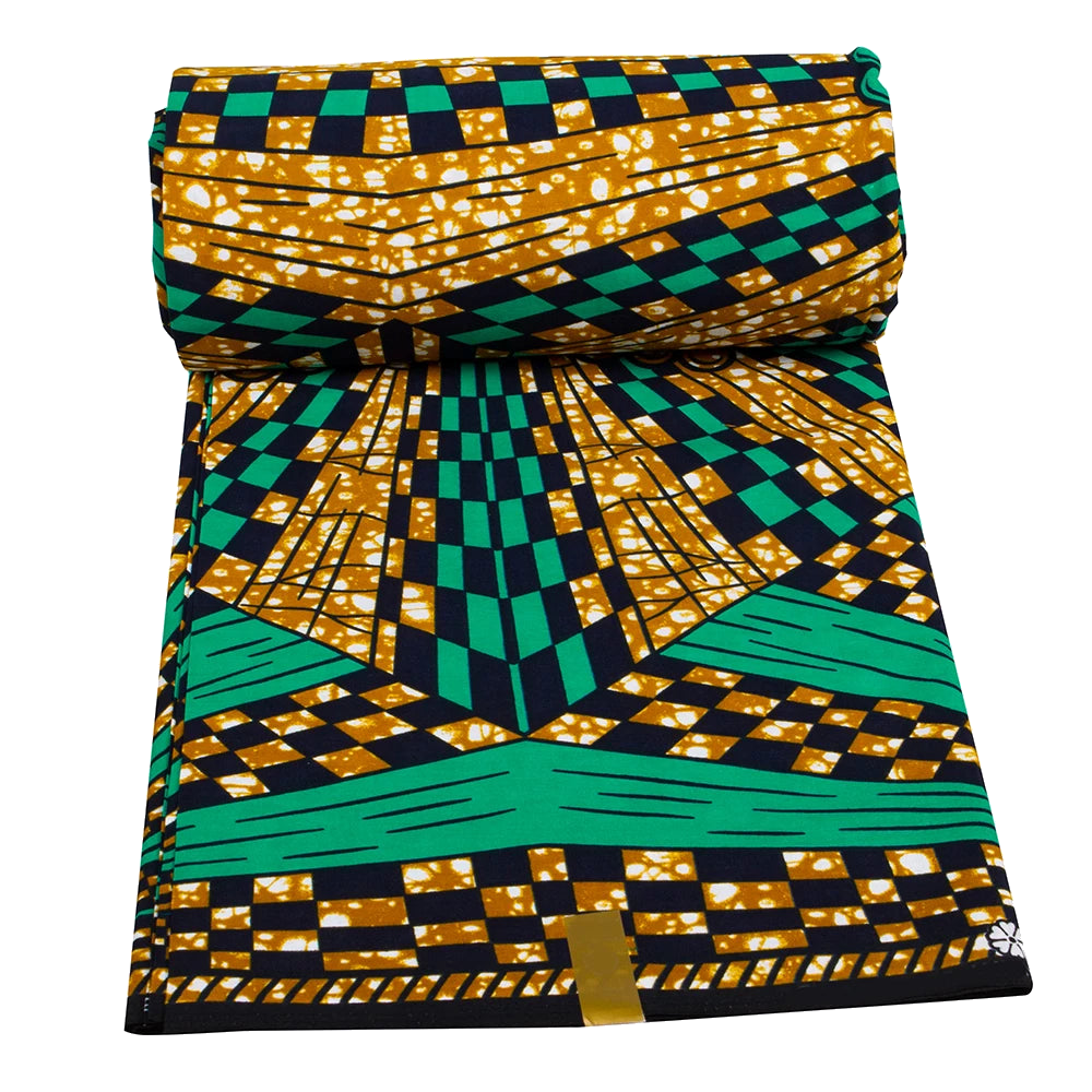 Green, gold and black checkerboard Ankara wax print fabric, rolled