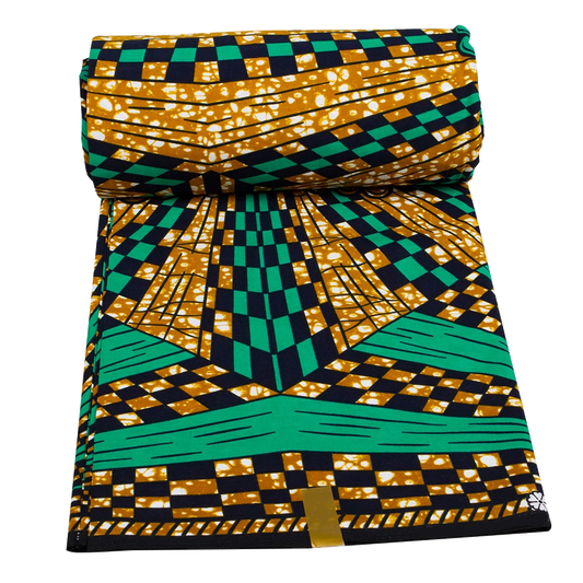 Green, gold and black checkerboard Ankara wax print fabric, rolled