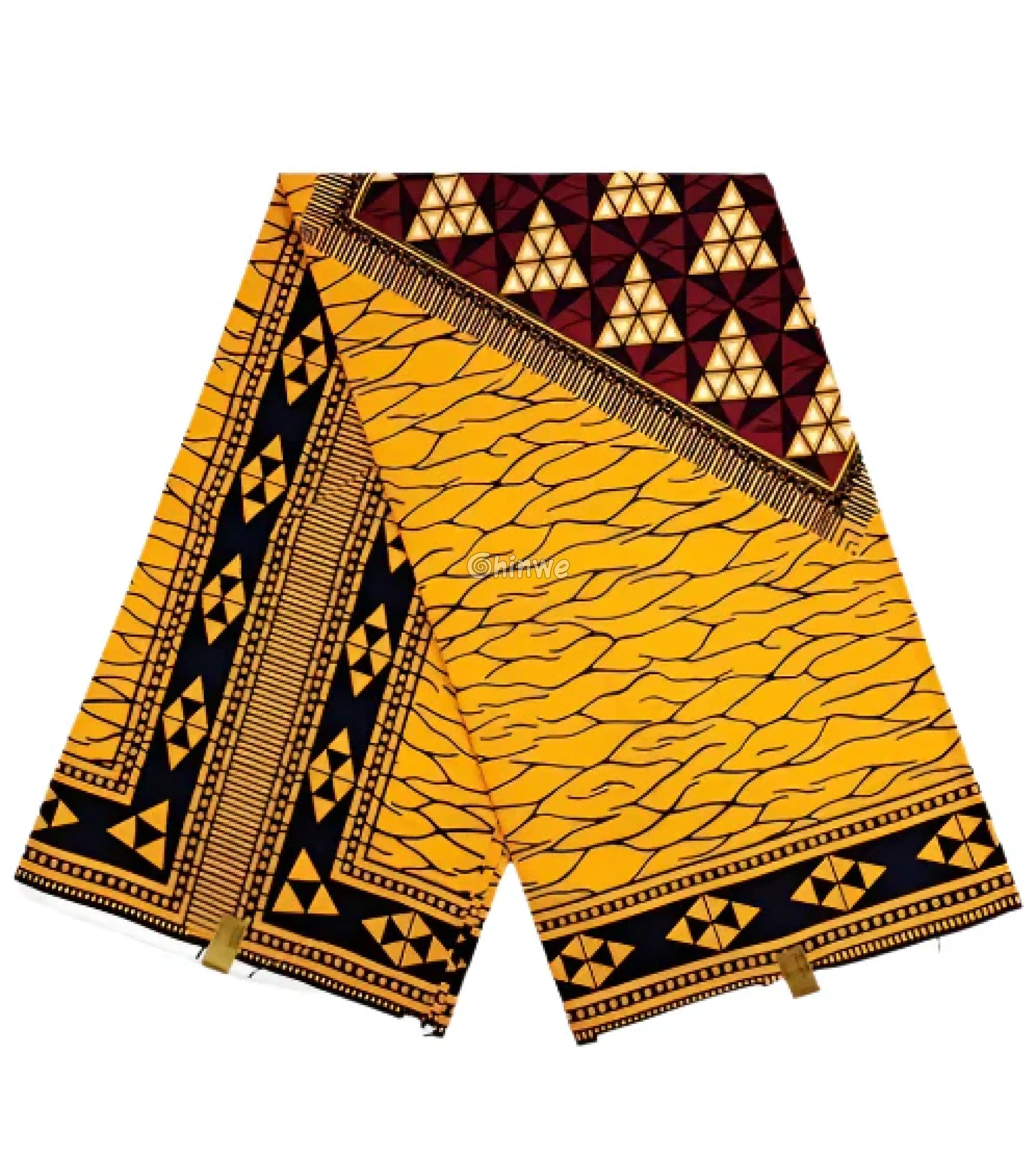 Black and Gold Ankara Wax Print Fabric with Wavy Line Field and Triangle Border Motif 6 yards cotton