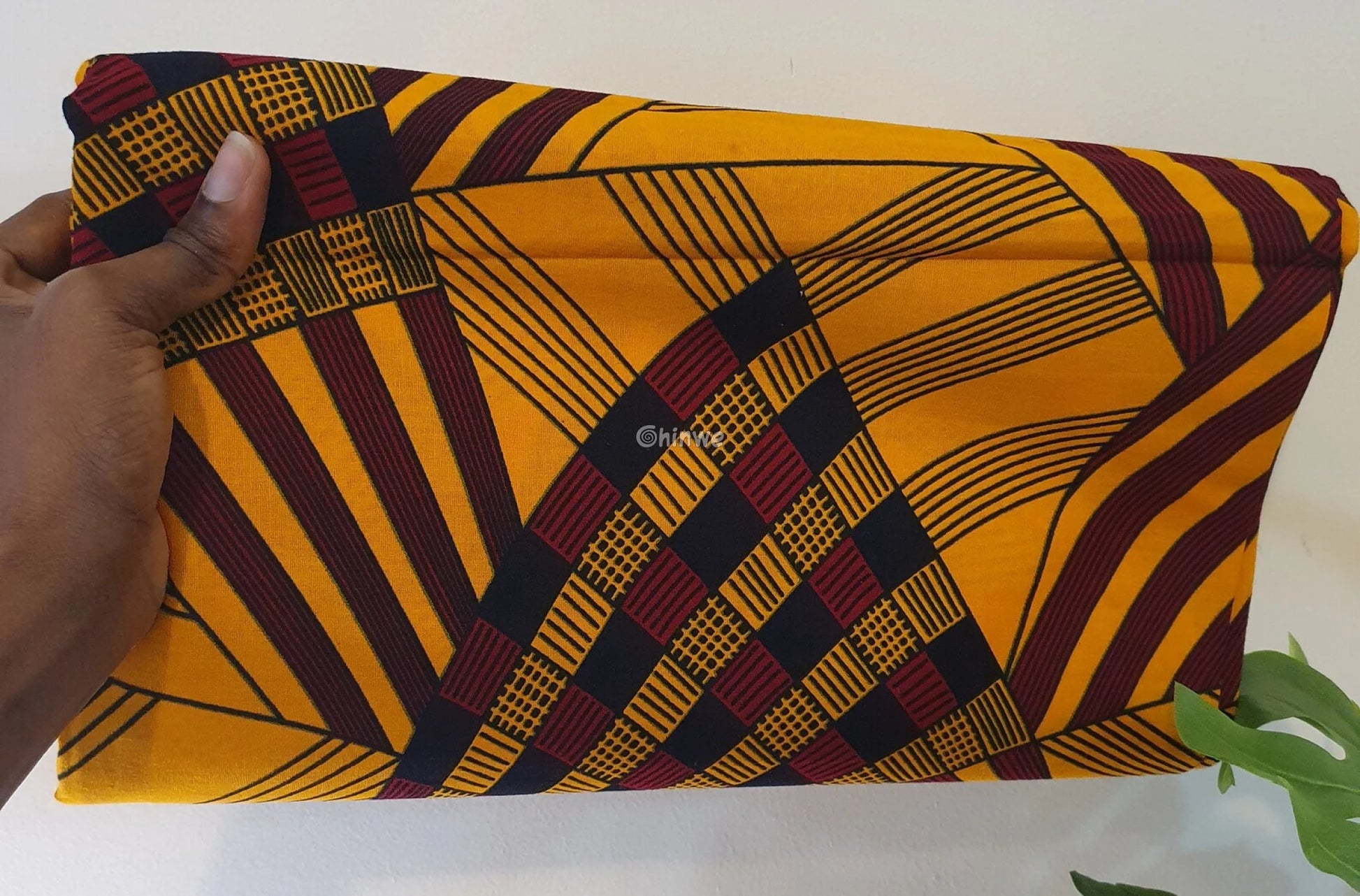 Mustard Yellow & Burgundy Abstract Geometric Stripe Ankara Wax Print Fabric with Checker Motif 6 yards cotton