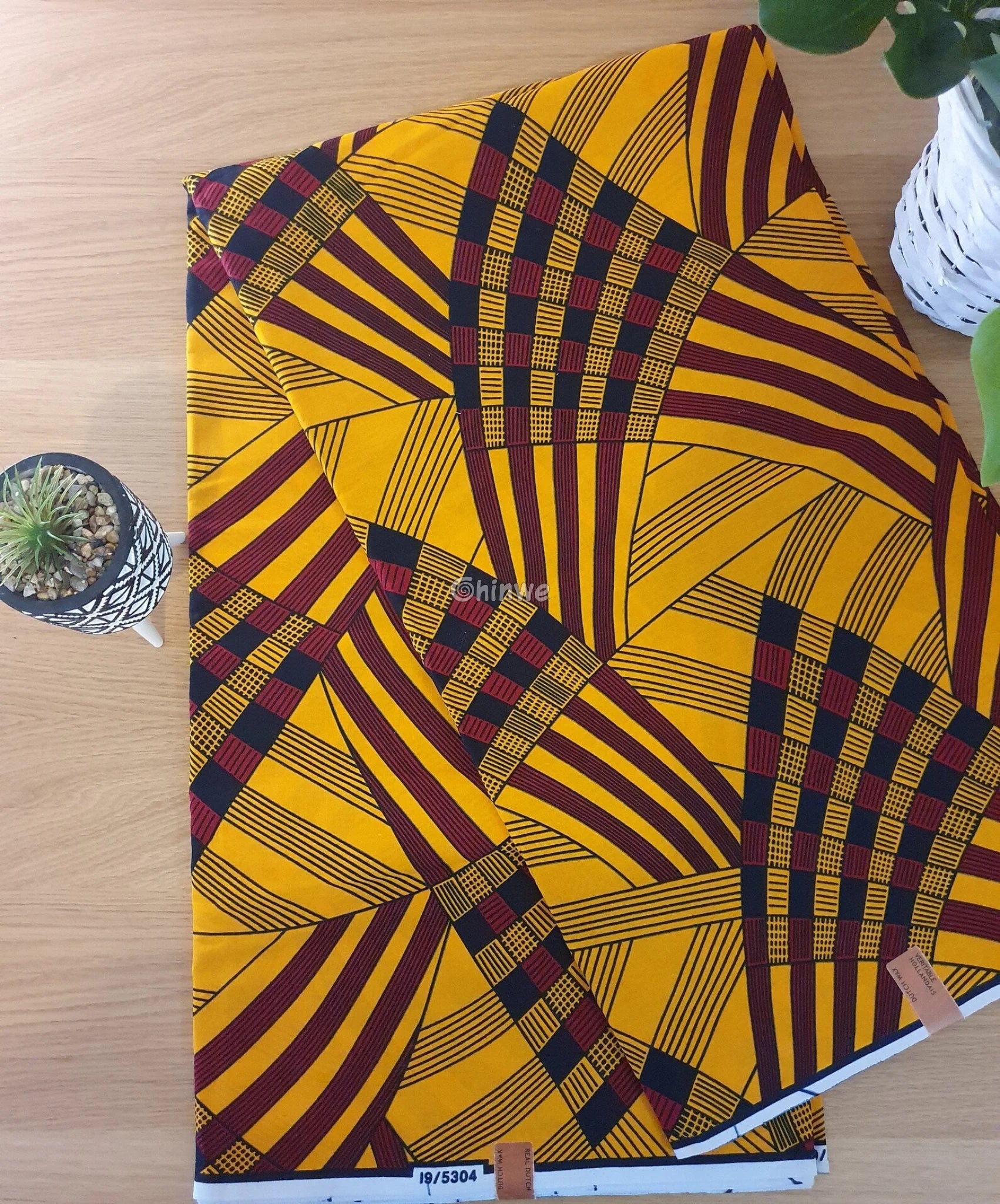 Mustard Yellow & Burgundy Abstract Geometric Stripe Ankara Wax Print Fabric with Checker Motif 6 yards cotton