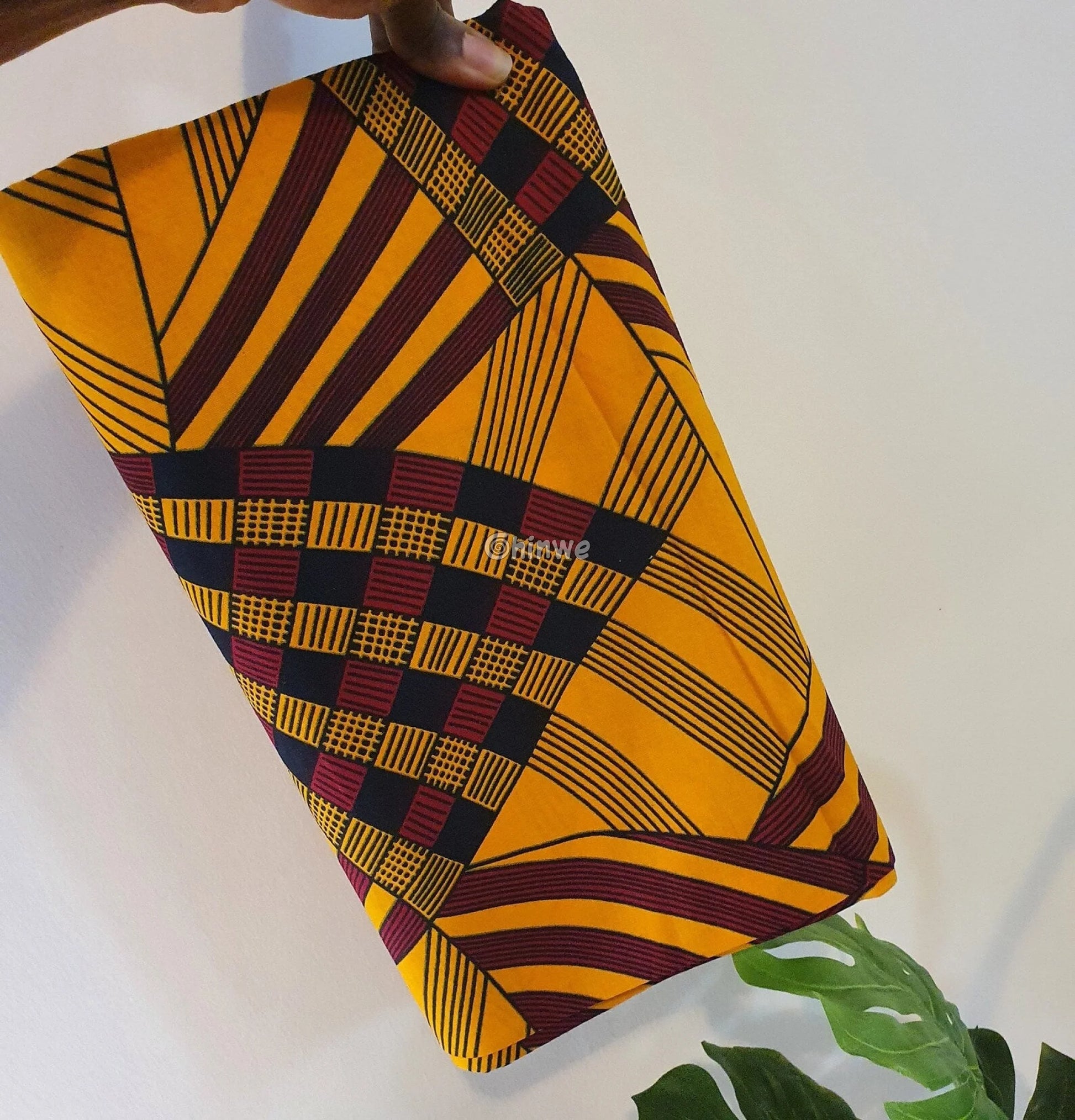 Mustard Yellow & Burgundy Abstract Geometric Stripe Ankara Wax Print Fabric with Checker Motif 6 yards cotton