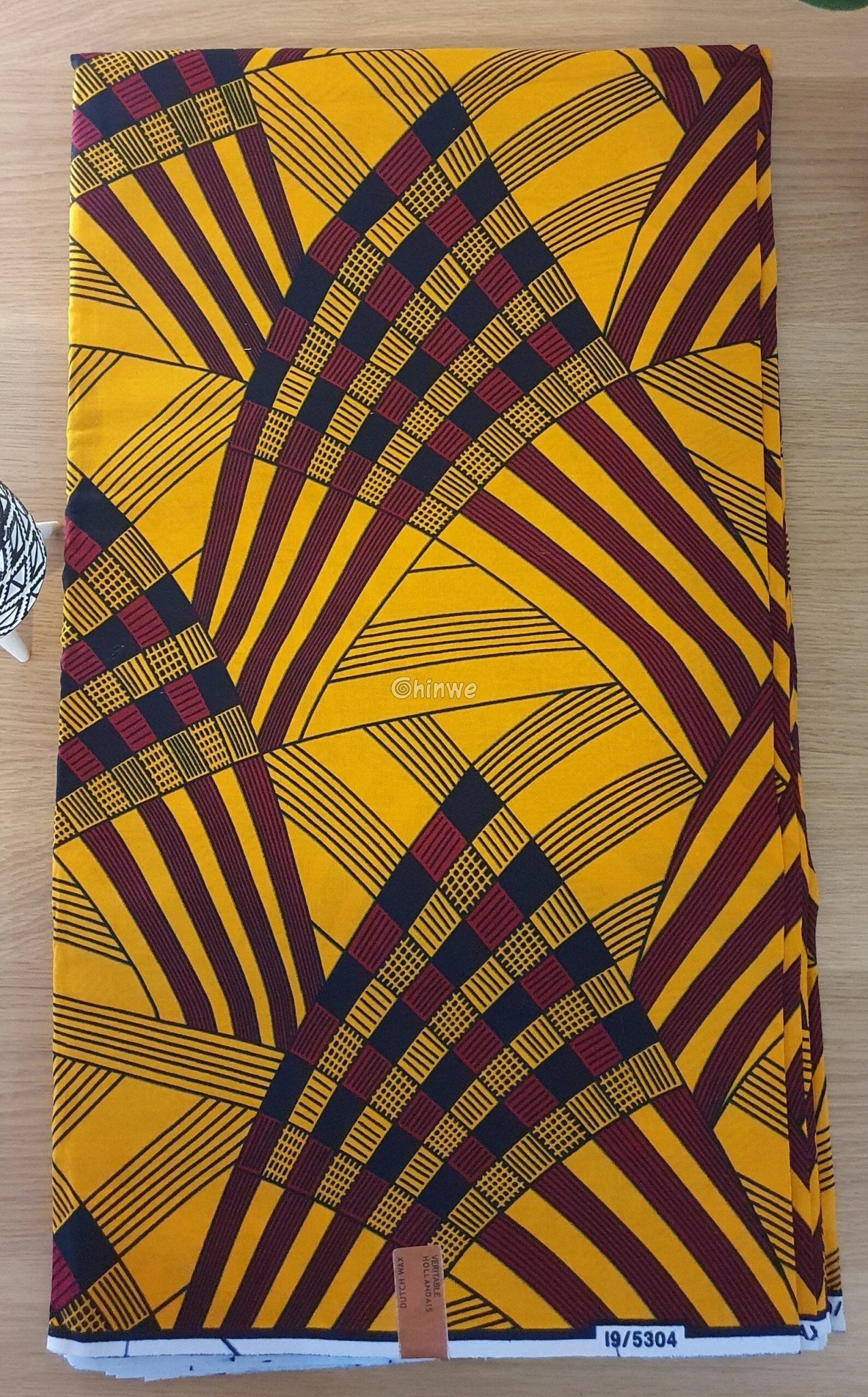 Mustard Yellow & Burgundy Abstract Geometric Stripe Ankara Wax Print Fabric with Checker Motif 6 yards cotton