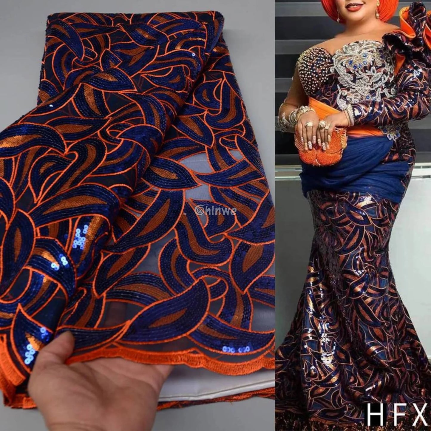 Interlocking Loop Abstract Motif Sequin Lace Print Fabric with Sheer Tulle Base Lace