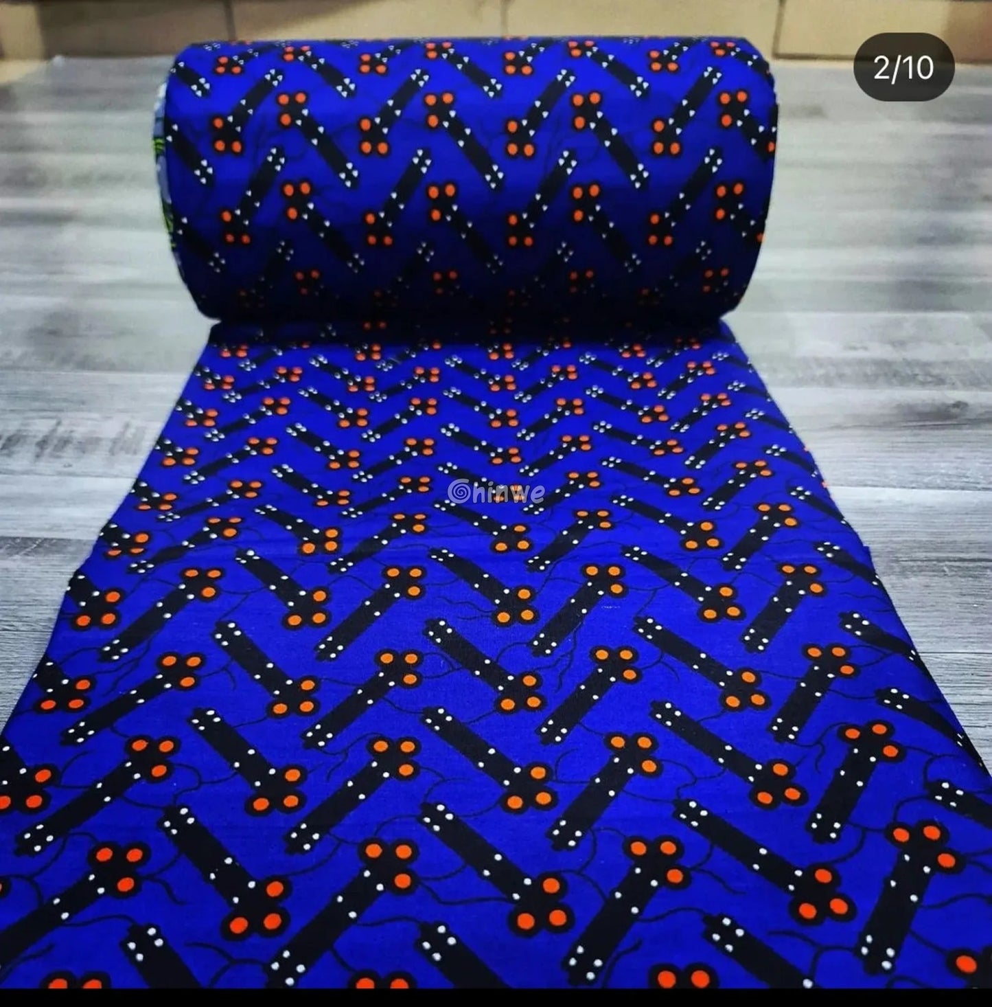 Cobalt Blue & Black Bar and Orange Dot Ankara Wax Print Fabric 6 yards cotton