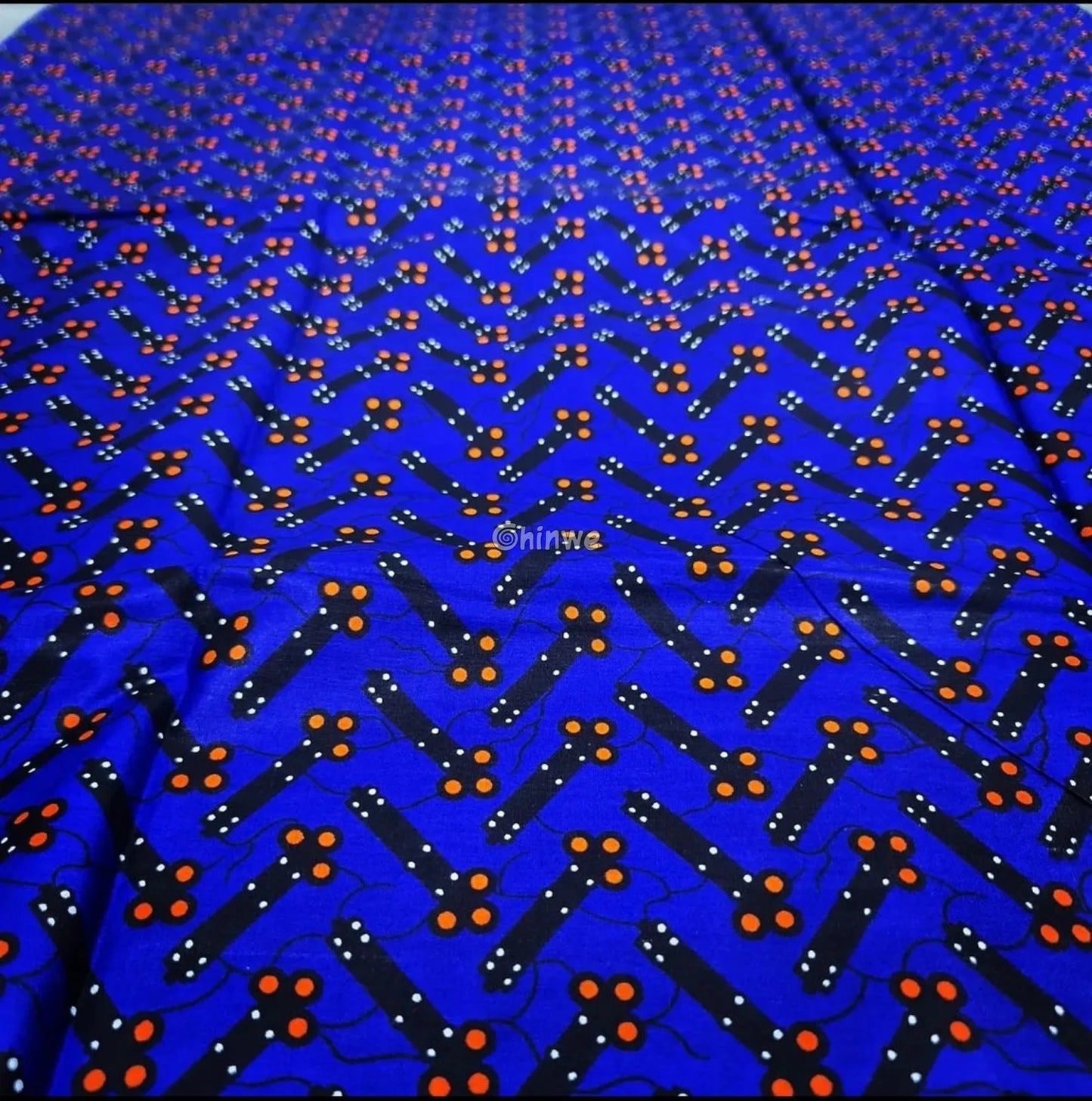 Cobalt Blue & Black Bar and Orange Dot Ankara Wax Print Fabric 6 yards cotton