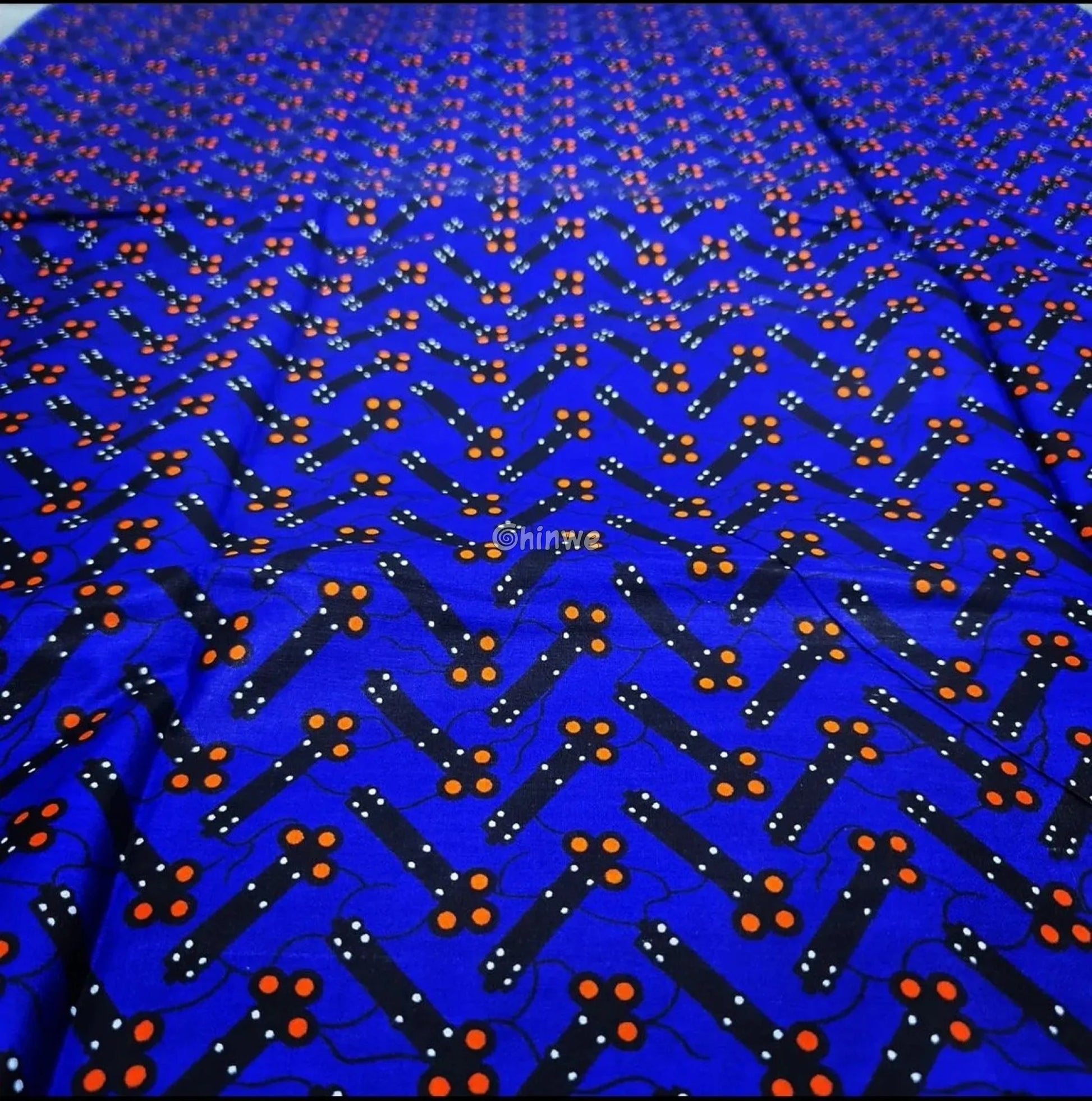 Cobalt Blue & Black Bar and Orange Dot Ankara Wax Print Fabric 6 yards cotton