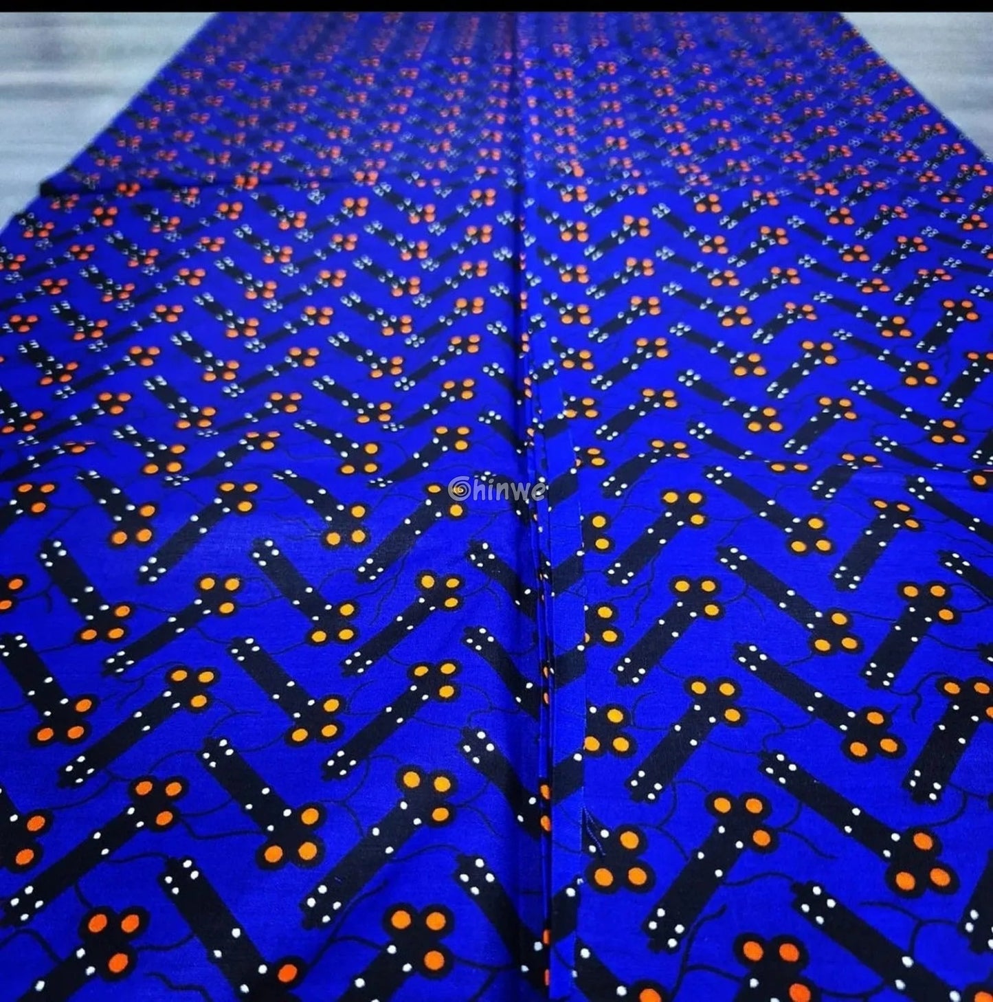 Cobalt Blue & Black Bar and Orange Dot Ankara Wax Print Fabric 6 yards cotton