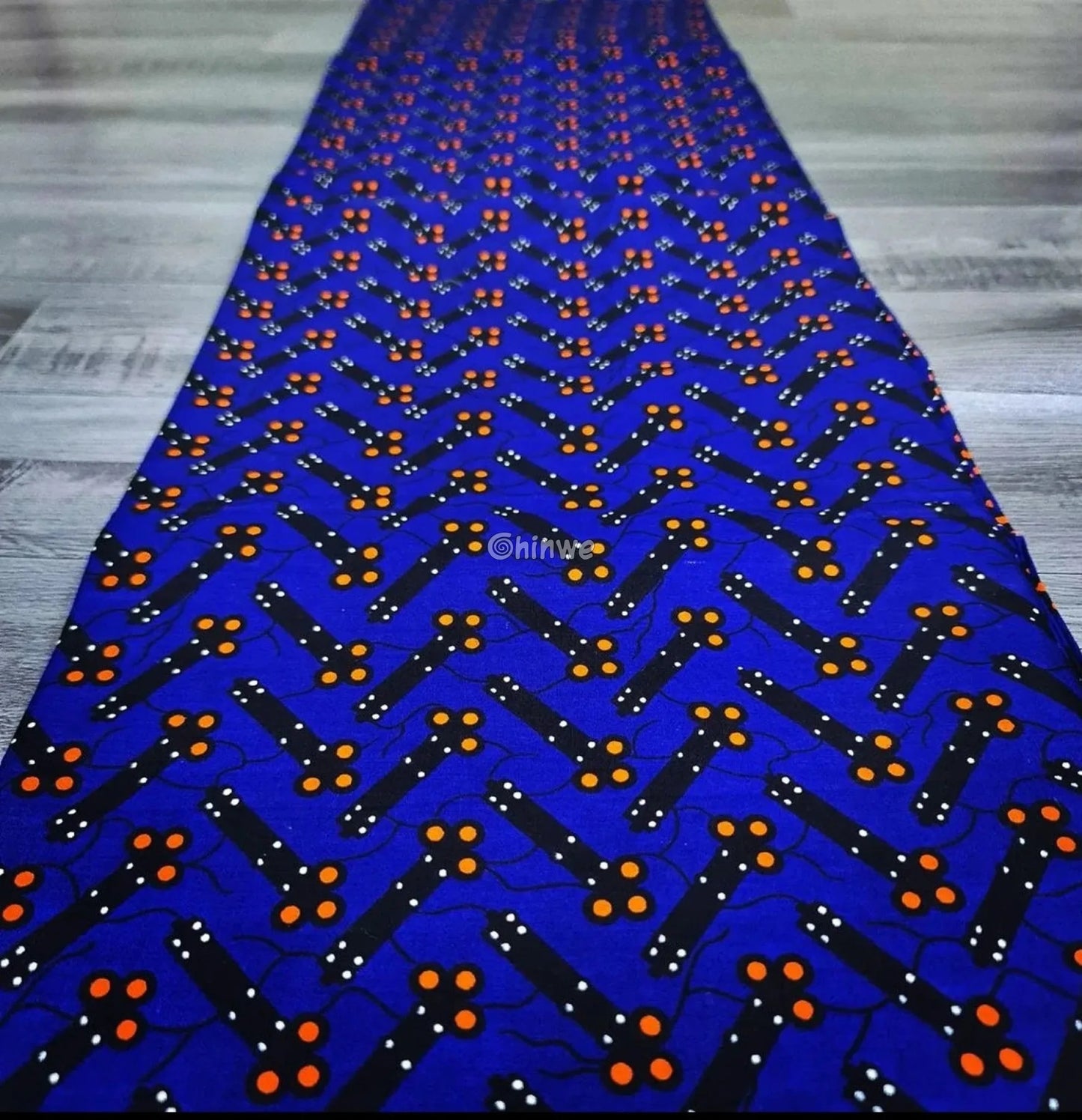 Cobalt Blue & Black Bar and Orange Dot Ankara Wax Print Fabric 6 yards cotton