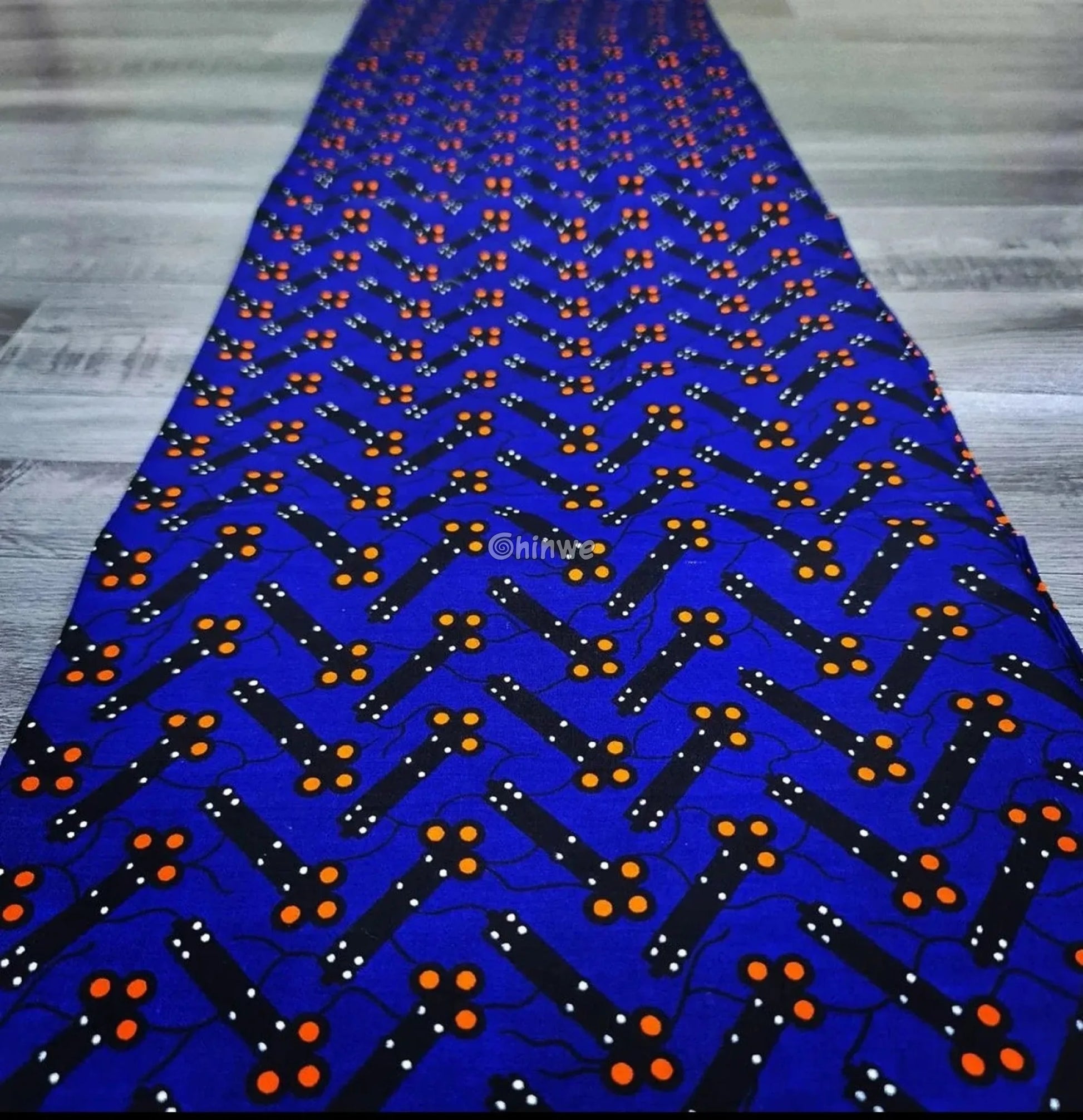 Cobalt Blue & Black Bar and Orange Dot Ankara Wax Print Fabric 6 yards cotton