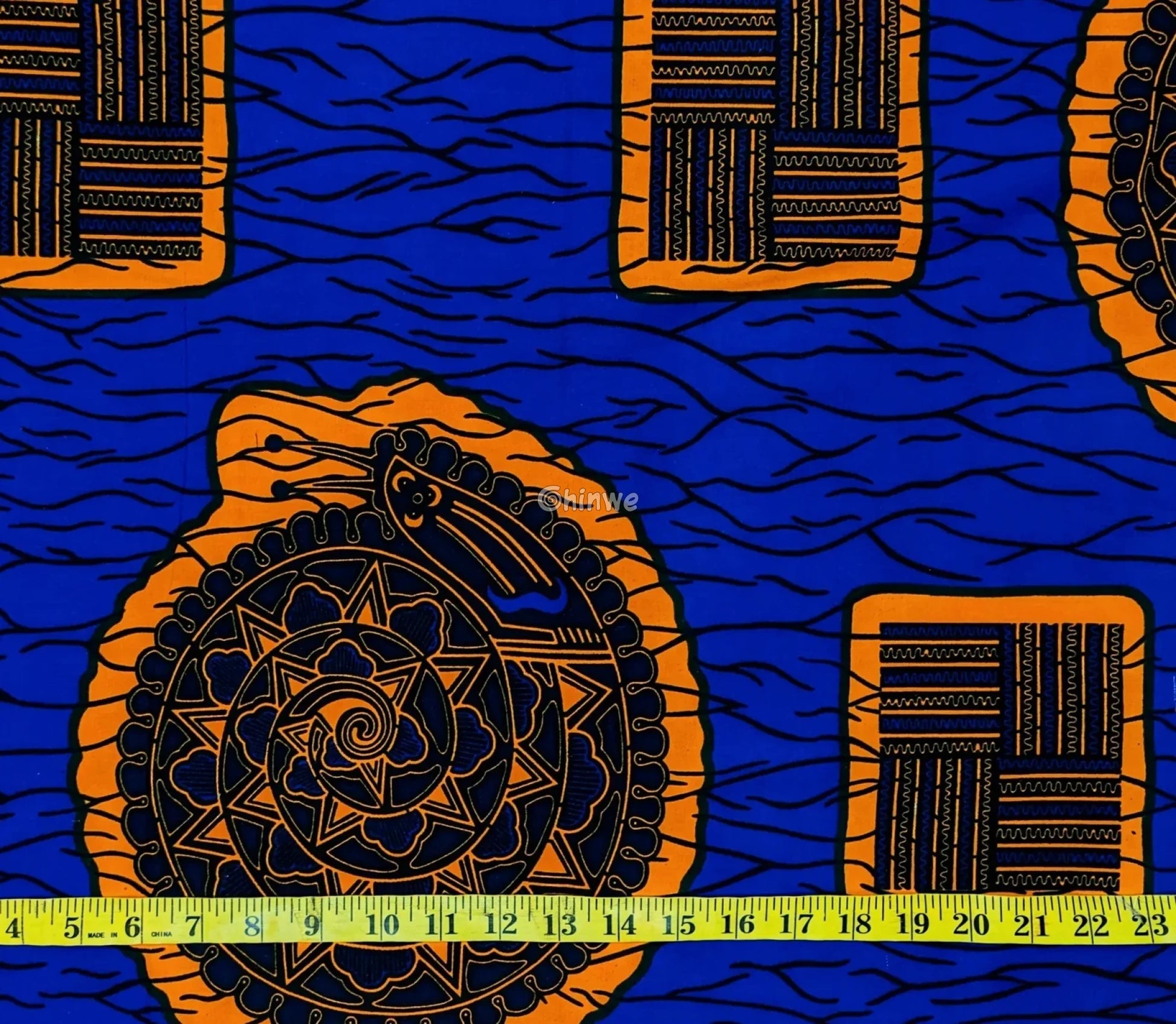 Royal Blue & Golden Medallion Ankara Fabric with Abstract Square Motif for Statement Apparel 6 yards cotton