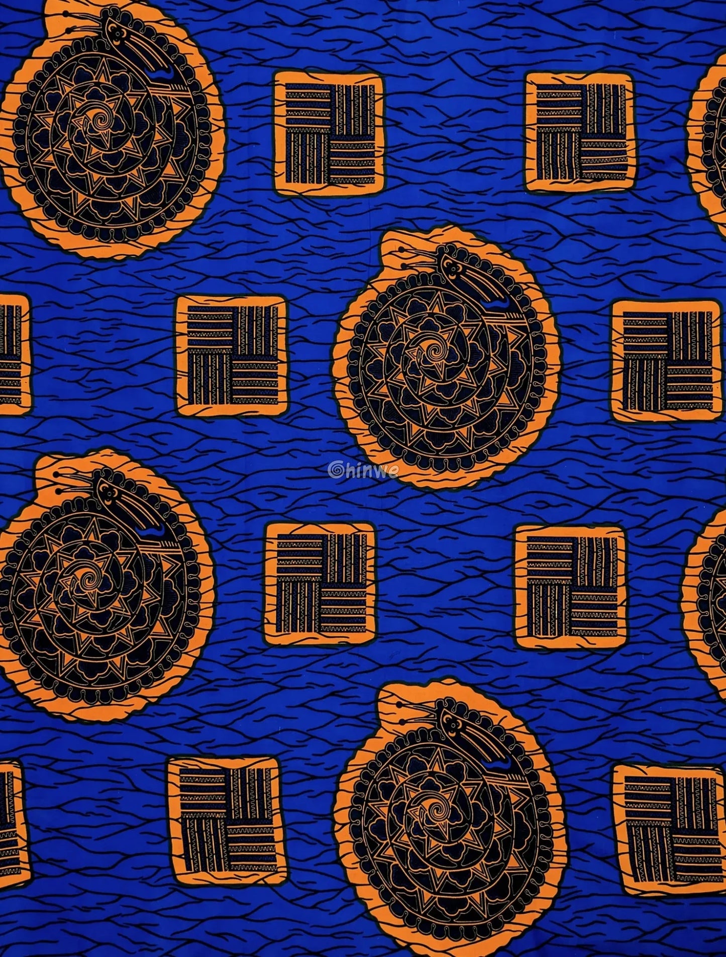 Royal Blue & Golden Medallion Ankara Fabric with Abstract Square Motif for Statement Apparel 6 yards cotton