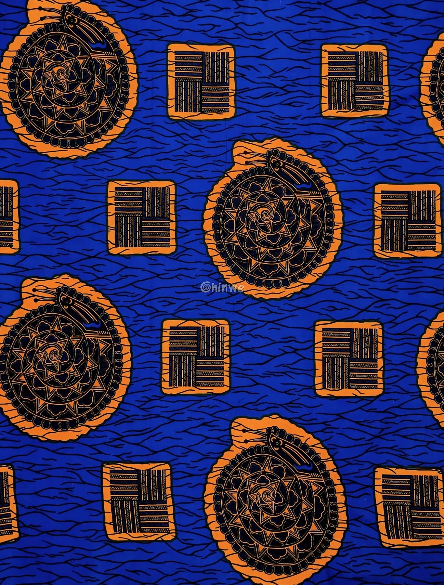 Royal Blue & Golden Medallion Ankara Fabric with Abstract Square Motif for Statement Apparel 6 yards cotton