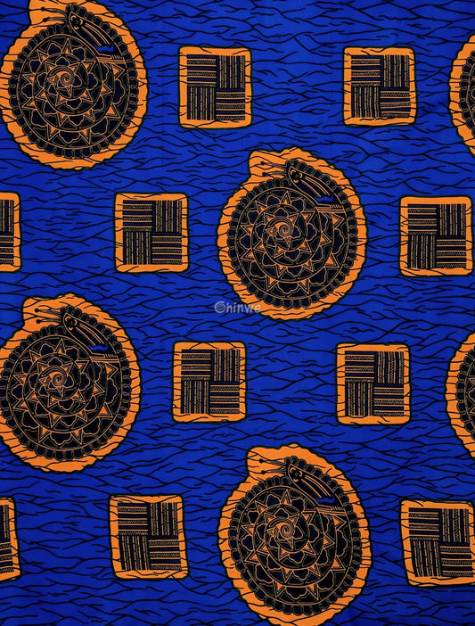 Royal Blue & Golden Medallion Ankara Fabric with Abstract Square Motif for Statement Apparel 6 yards cotton