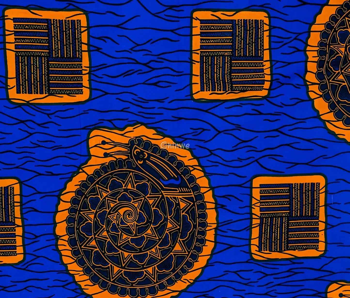 Royal Blue & Golden Medallion Ankara Fabric with Abstract Square Motif for Statement Apparel 6 yards cotton