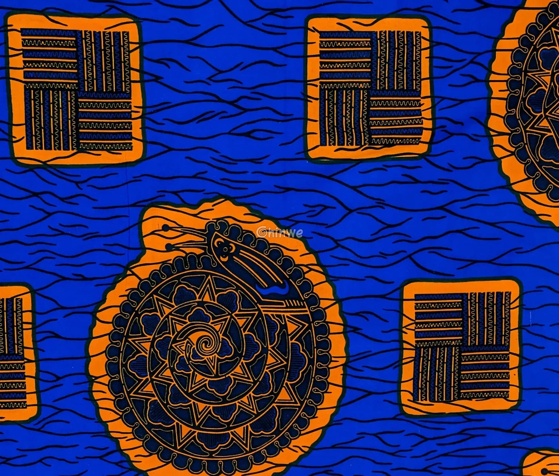 Royal Blue & Golden Medallion Ankara Fabric with Abstract Square Motif for Statement Apparel 6 yards cotton