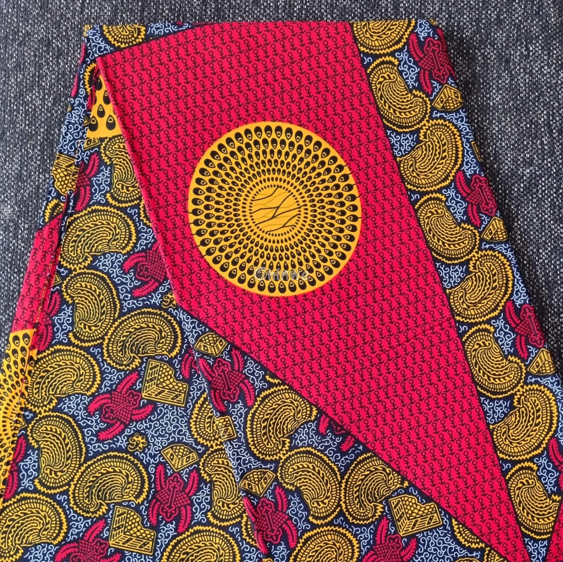 Regal Sunburst Paisley Fabric – Red and Yellow Ankara Wax Print with Intricate Detail 6 Yards African Wax Print Fabric