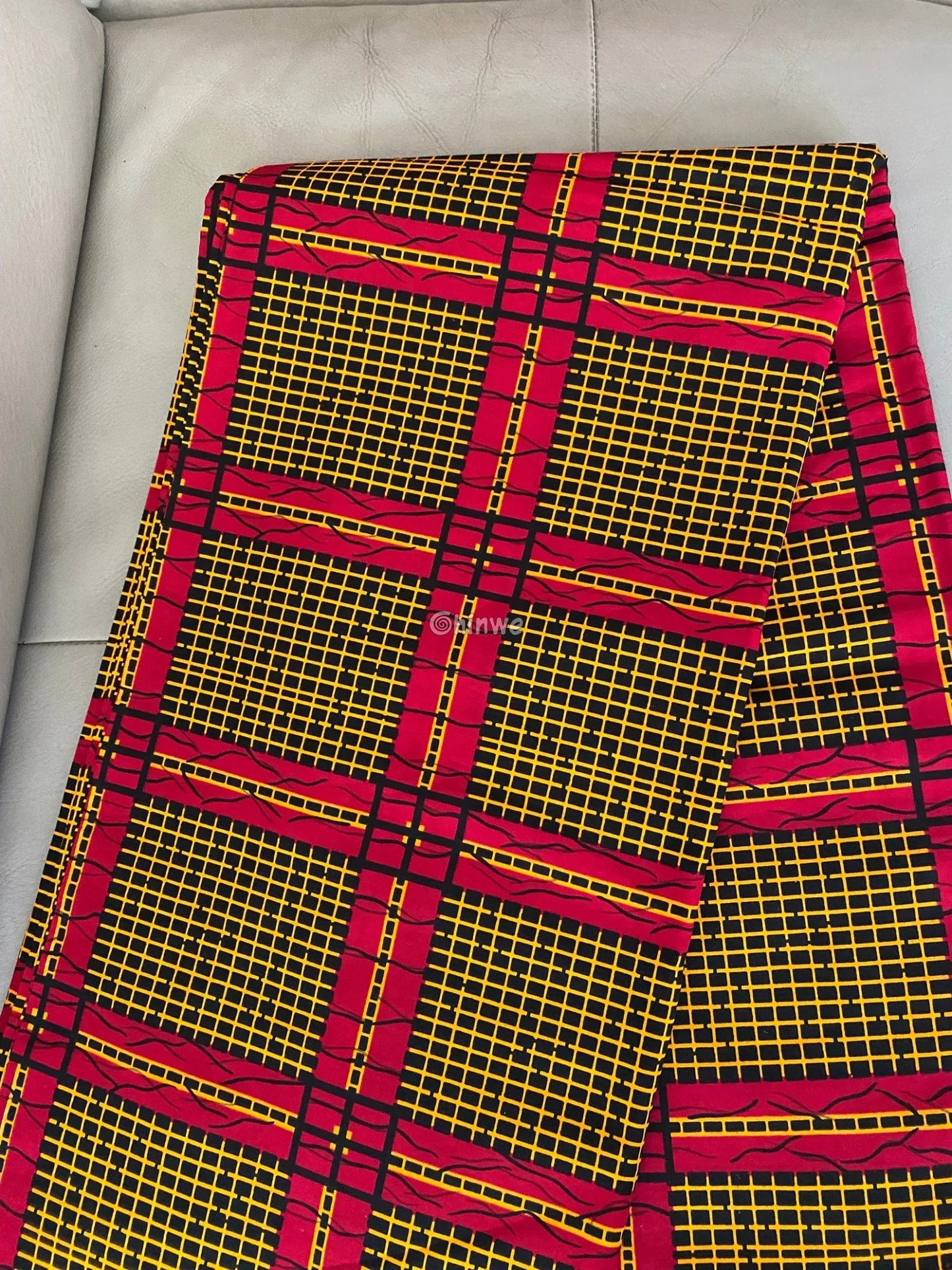 Sunburst Grid Ankara Fabric – Fiery Red & Gold Lattice on Noir 6 yards cotton