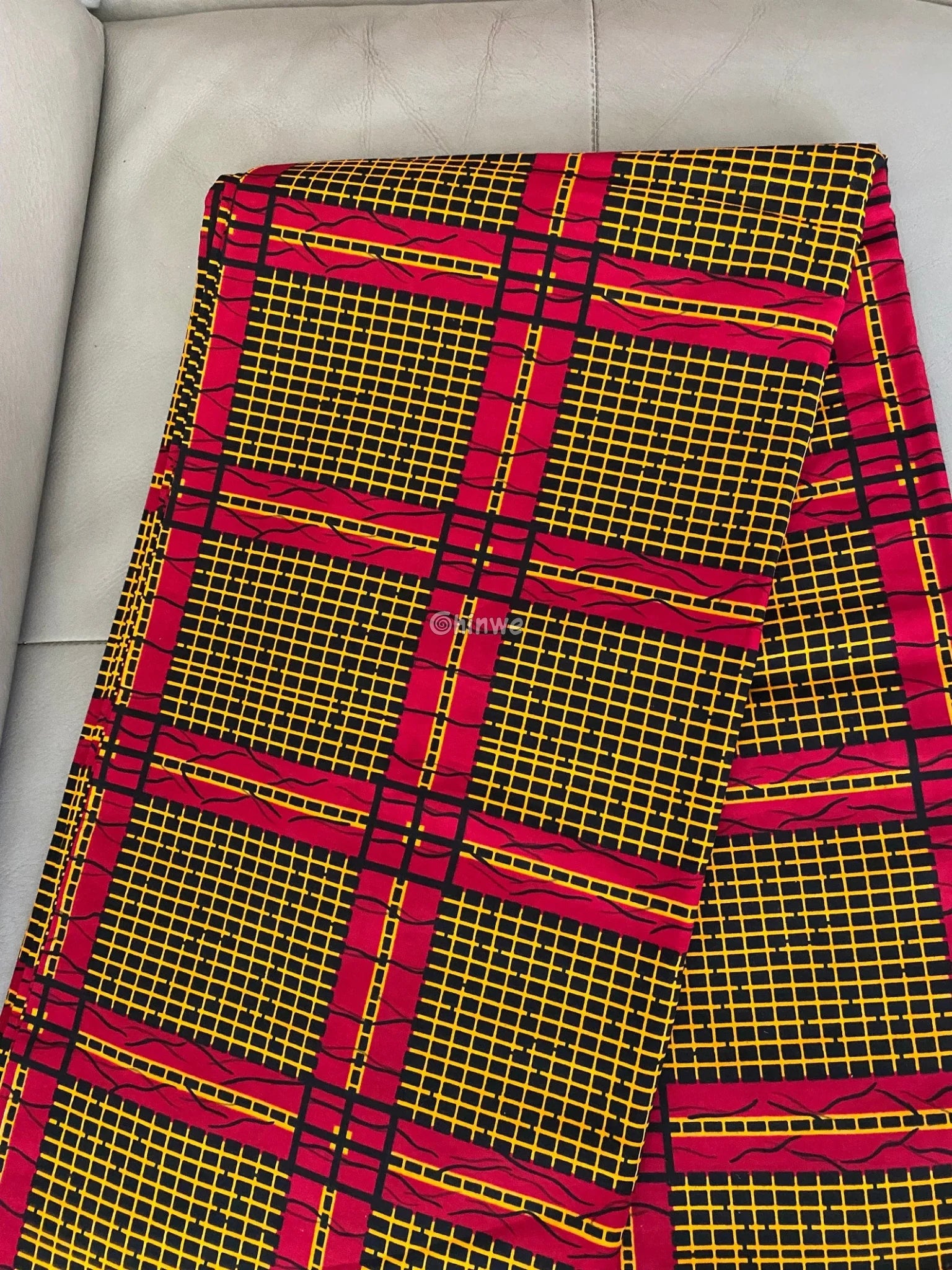 Sunburst Grid Ankara Fabric – Fiery Red & Gold Lattice on Noir 6 yards cotton