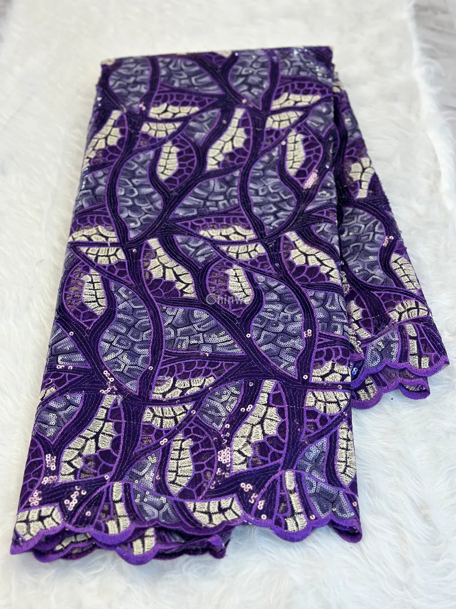 Swirl Sequin Embroidered Lace Print Fabric with Metallic Accents & Scalloped Edge Detail Lace