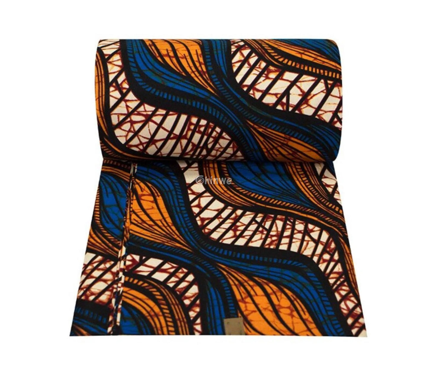 Blue and Orange Ankara Wax Print Fabric with Abstract Flowing Lines African Wax Print Fabric