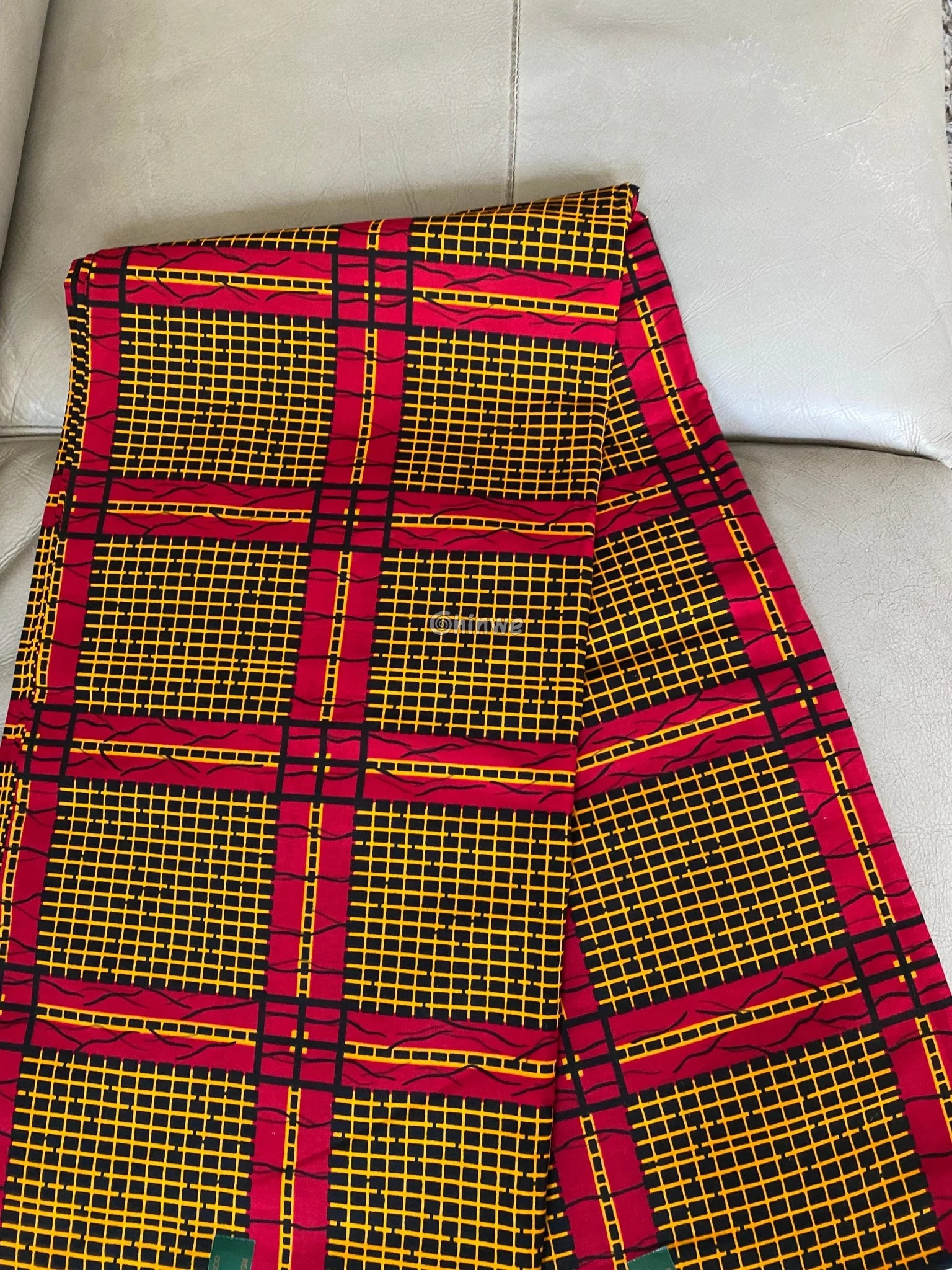 Sunburst Grid Ankara Fabric – Fiery Red & Gold Lattice on Noir 6 yards cotton