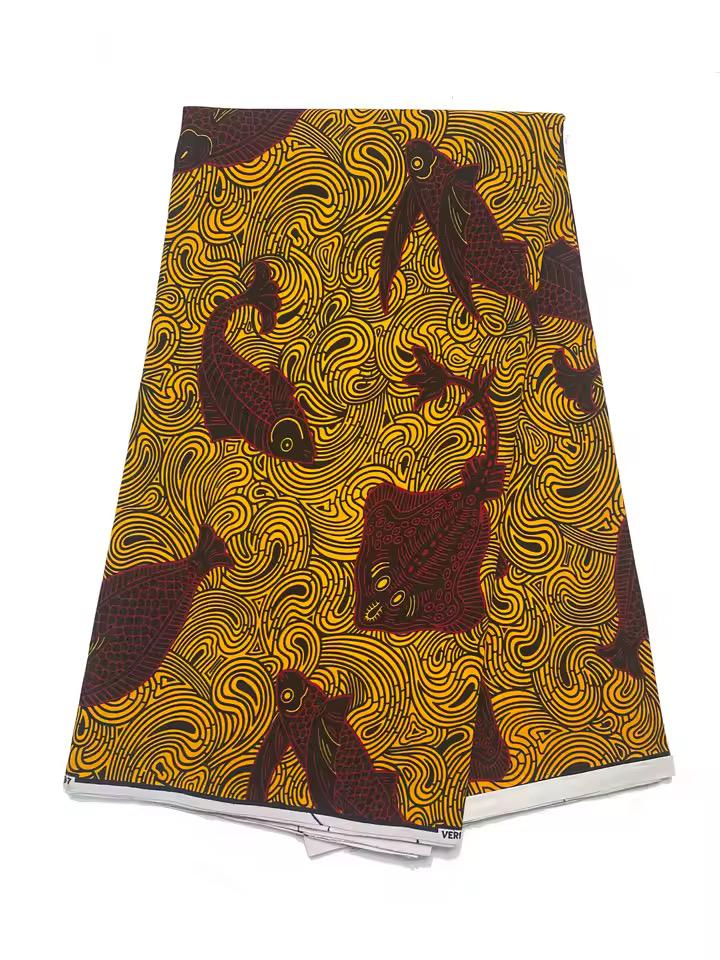 Golden Swirl Fish Ankara Wax Print Fabric – Burgundy Fish, 100% Cotton