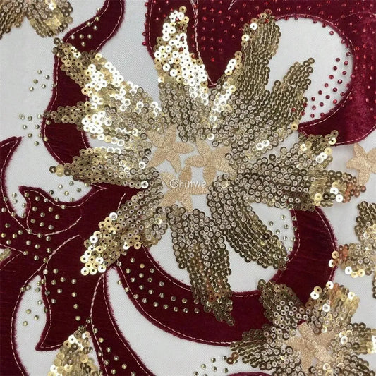 Velvet Mesh Lace with Floral Embroidery Sequin Accents & Scalloped Edge Pattern Lace