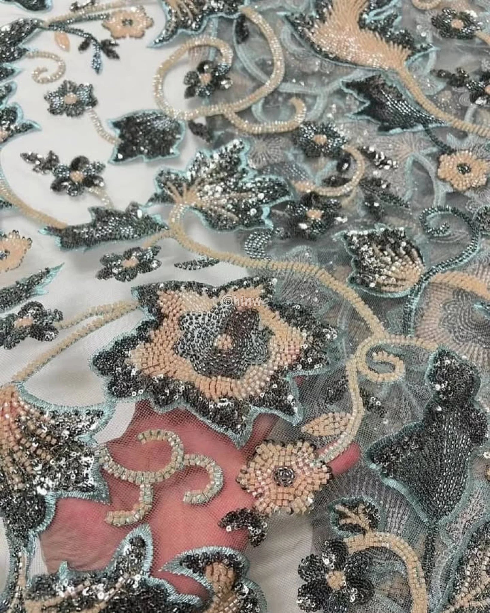 3D Floral Beaded Tulle Lace with Hand Embroidery & Sequins on Mesh Net Base Lace