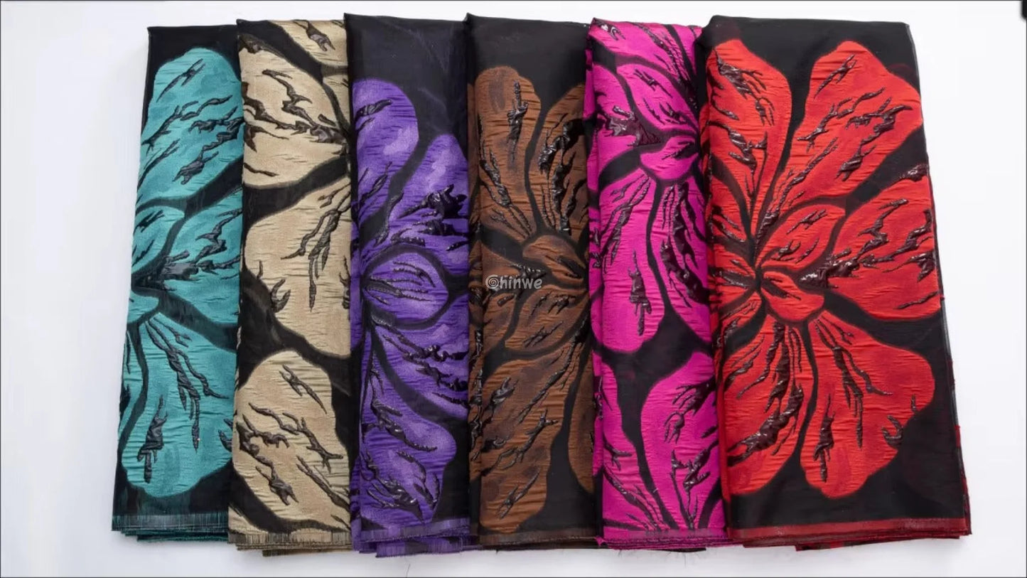 Metallic jacquard brocade with floral embossing and lustrous sheen in multi-tone blossom motif Lace
