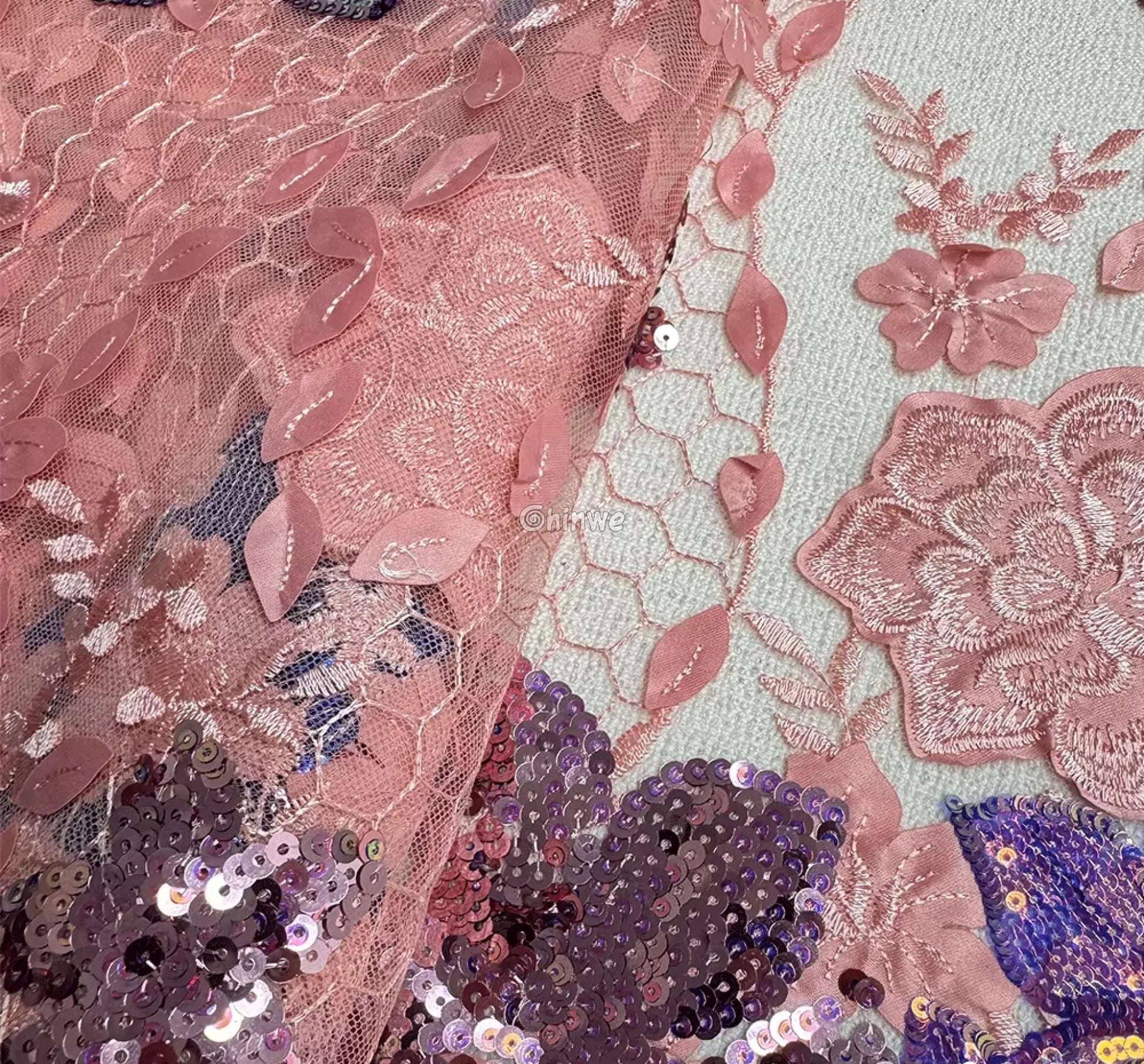Embroidered 3D Sequin Lace Fabric with Floral Appliqué on Soft Tulle Mesh for Couture Sewing Projects Lace