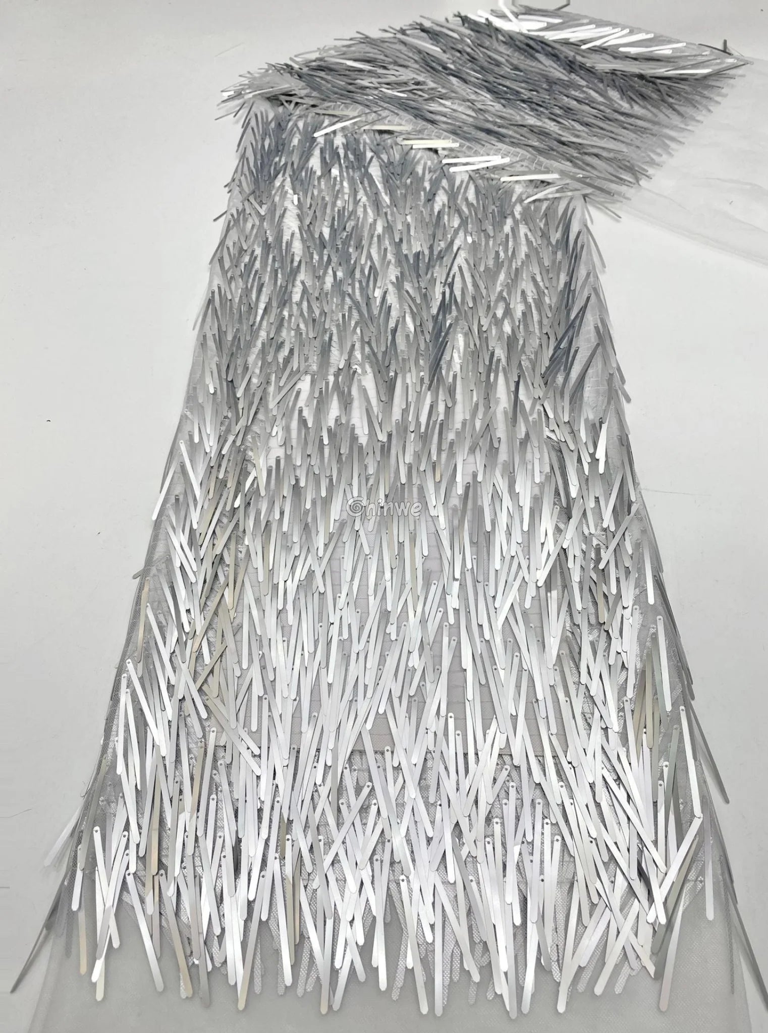 Iridescent Sequin Tinsel Fringe Fabric with Layered Shimmer Strips and Sheer Mesh Base Lace