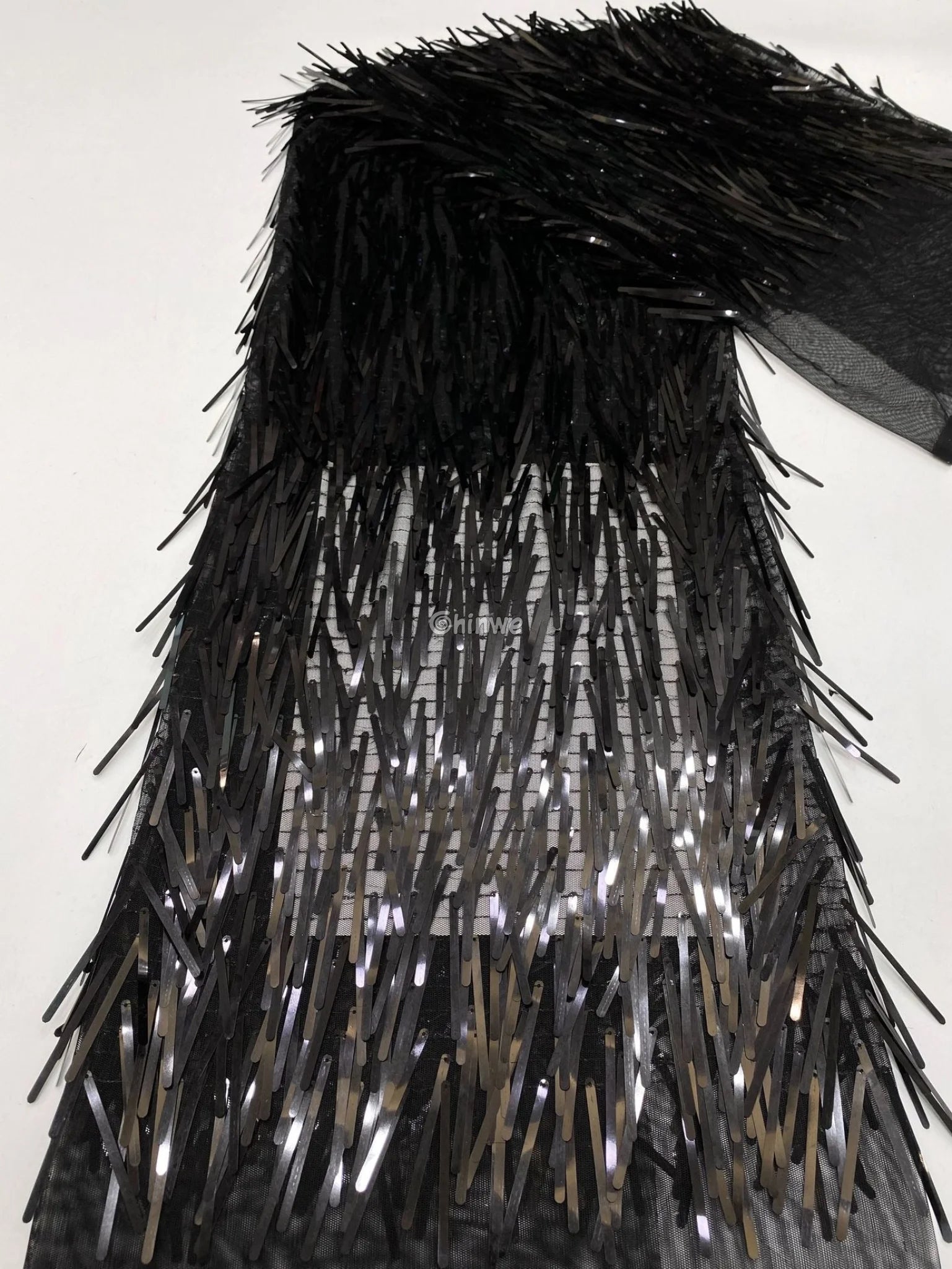 Iridescent Sequin Tinsel Fringe Fabric with Layered Shimmer Strips and Sheer Mesh Base Lace