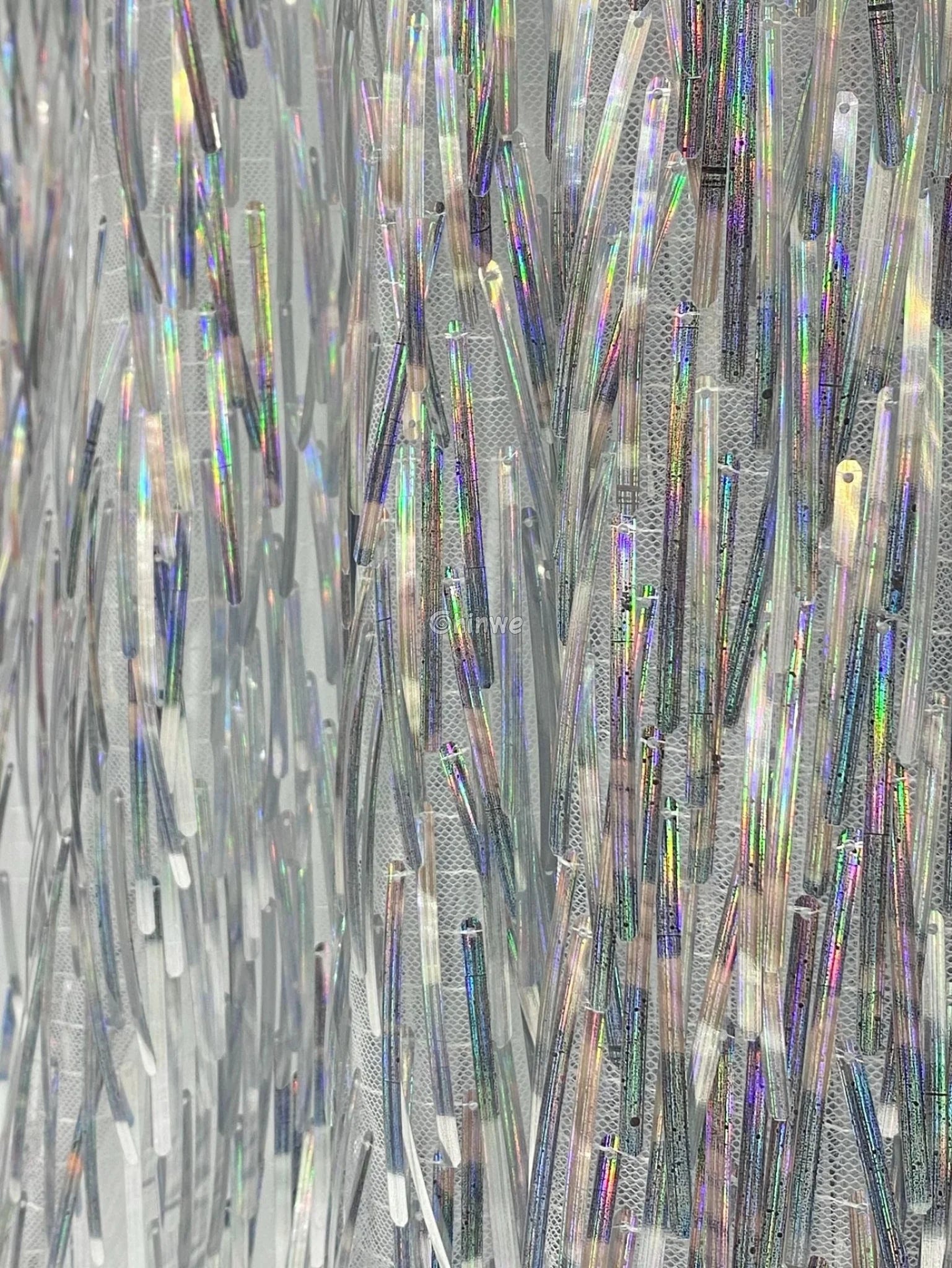 Iridescent Sequin Tinsel Fringe Fabric with Layered Shimmer Strips and Sheer Mesh Base Lace