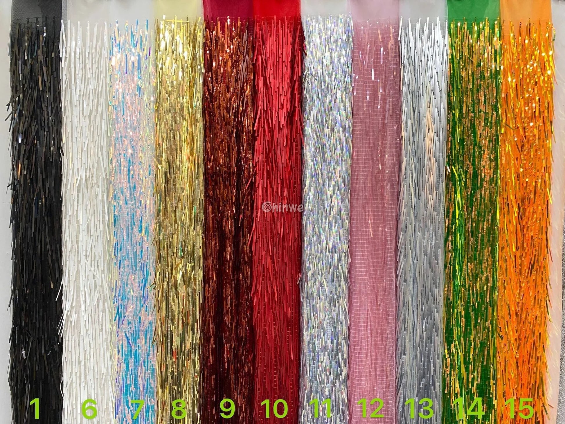 Iridescent Sequin Tinsel Fringe Fabric with Layered Shimmer Strips and Sheer Mesh Base Lace