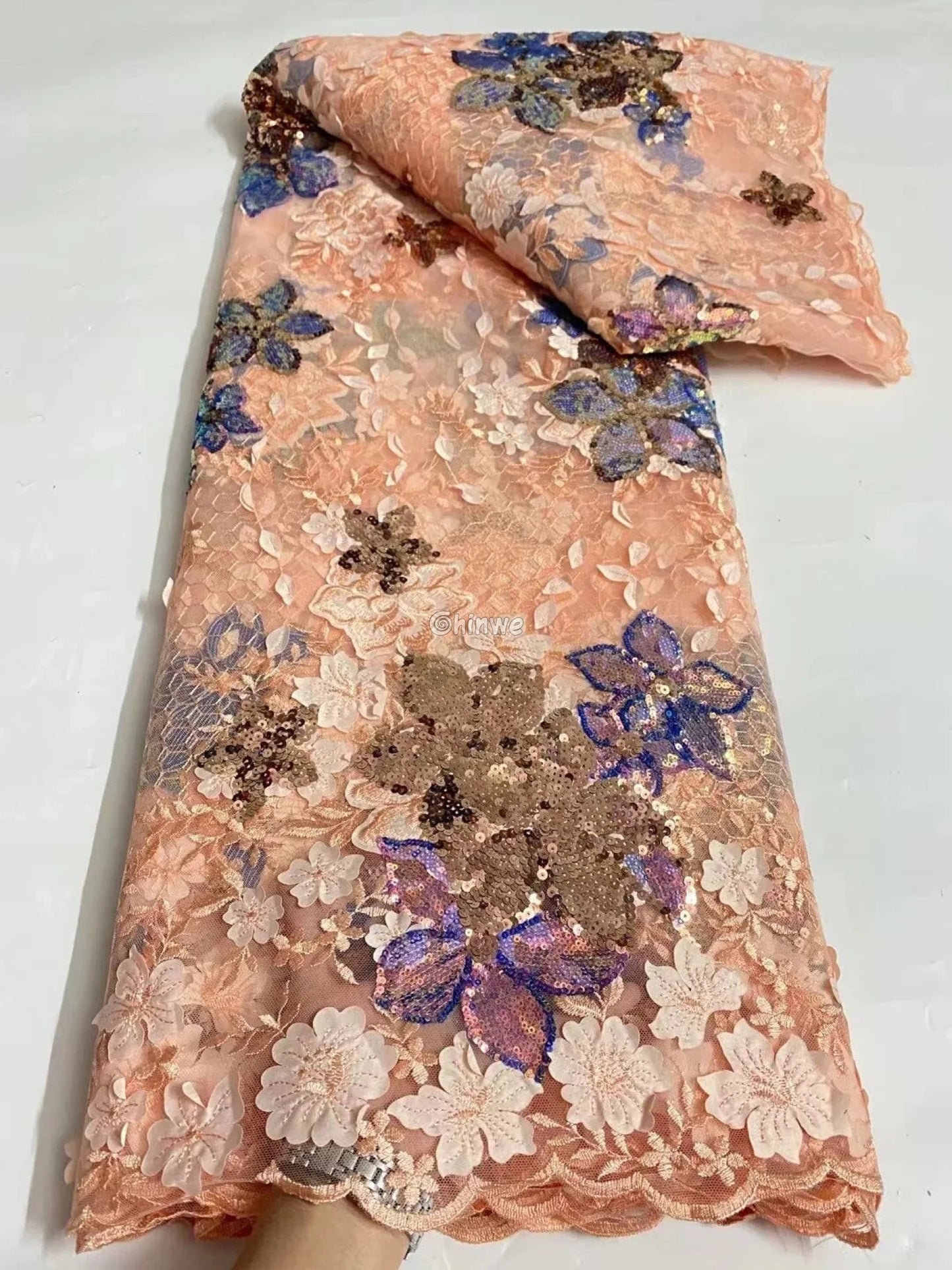 Embroidered 3D Sequin Lace Fabric with Floral Appliqué on Soft Tulle Mesh for Couture Sewing Projects Lace