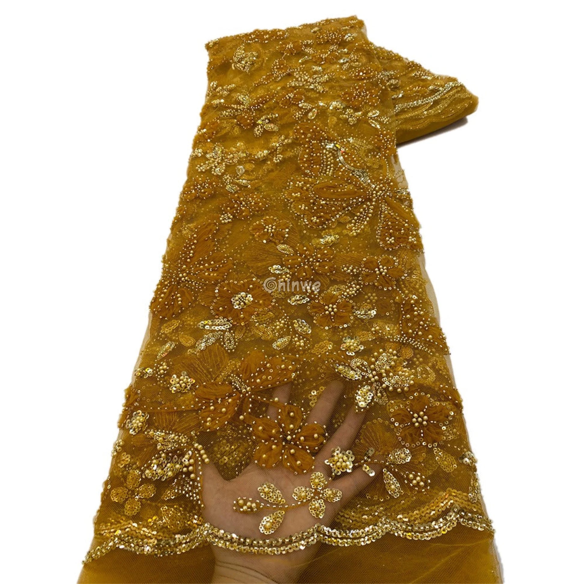 Multicolor & Metallic Beaded Floral Butterfly Embroidery Lace Print Fabric Mustard Yellow & Bronze Beaded Lace / 5