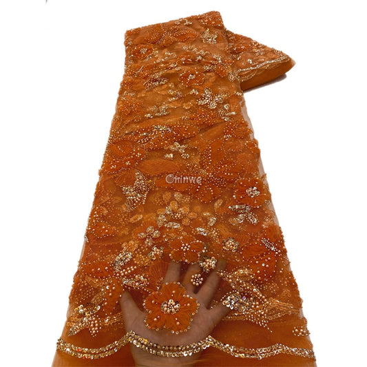 Multicolor & Metallic Beaded Floral Butterfly Embroidery Lace Print Fabric Pumpkin Orange & Gold Beaded Lace / 5 yards