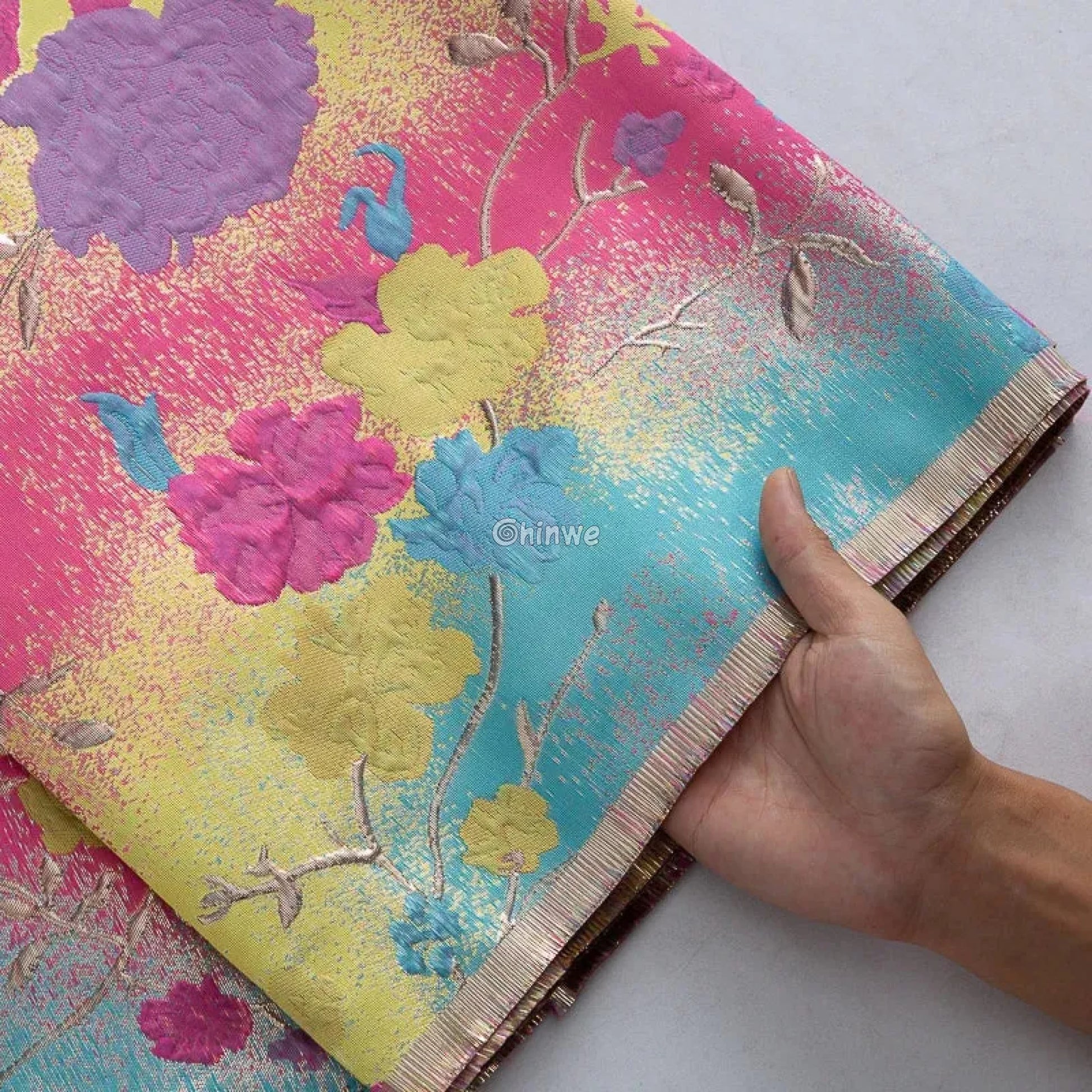Floral Metallic Brocade Jacquard Fabric – Multicolor Ombre Shine with Embroidered Flowers
