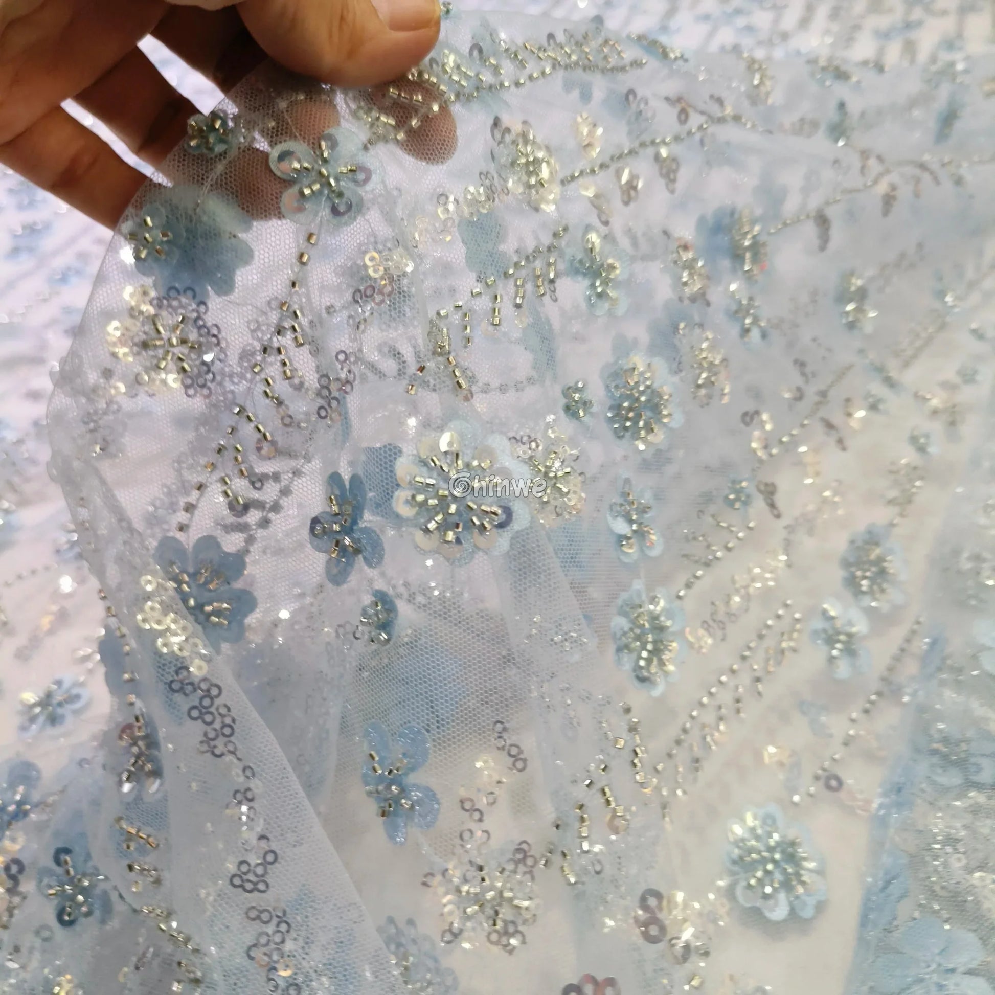 Sequin Beaded Embroidery Lace Fabric on French Tulle African Wax Print Fabric