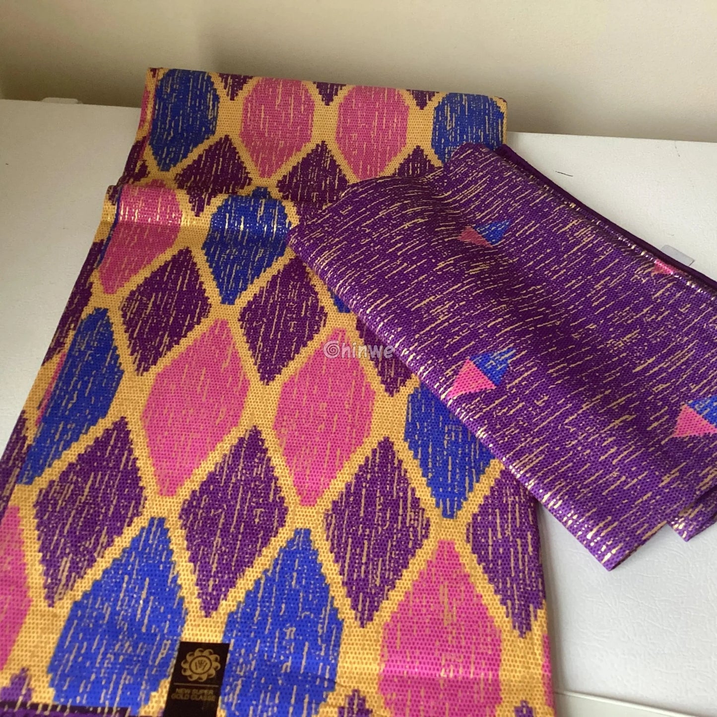 Purple Blue & Pink Kente Brocade with Elongated Diamond Motif and Metallic Gold Accents Sapphire Bloom Kente / 6yards