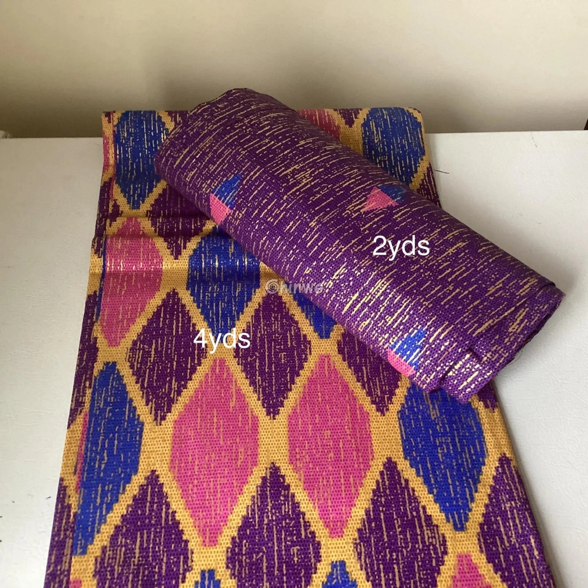 Purple Blue & Pink Kente Brocade with Elongated Diamond Motif and Metallic Gold Accents Sapphire Bloom Kente / 6yards