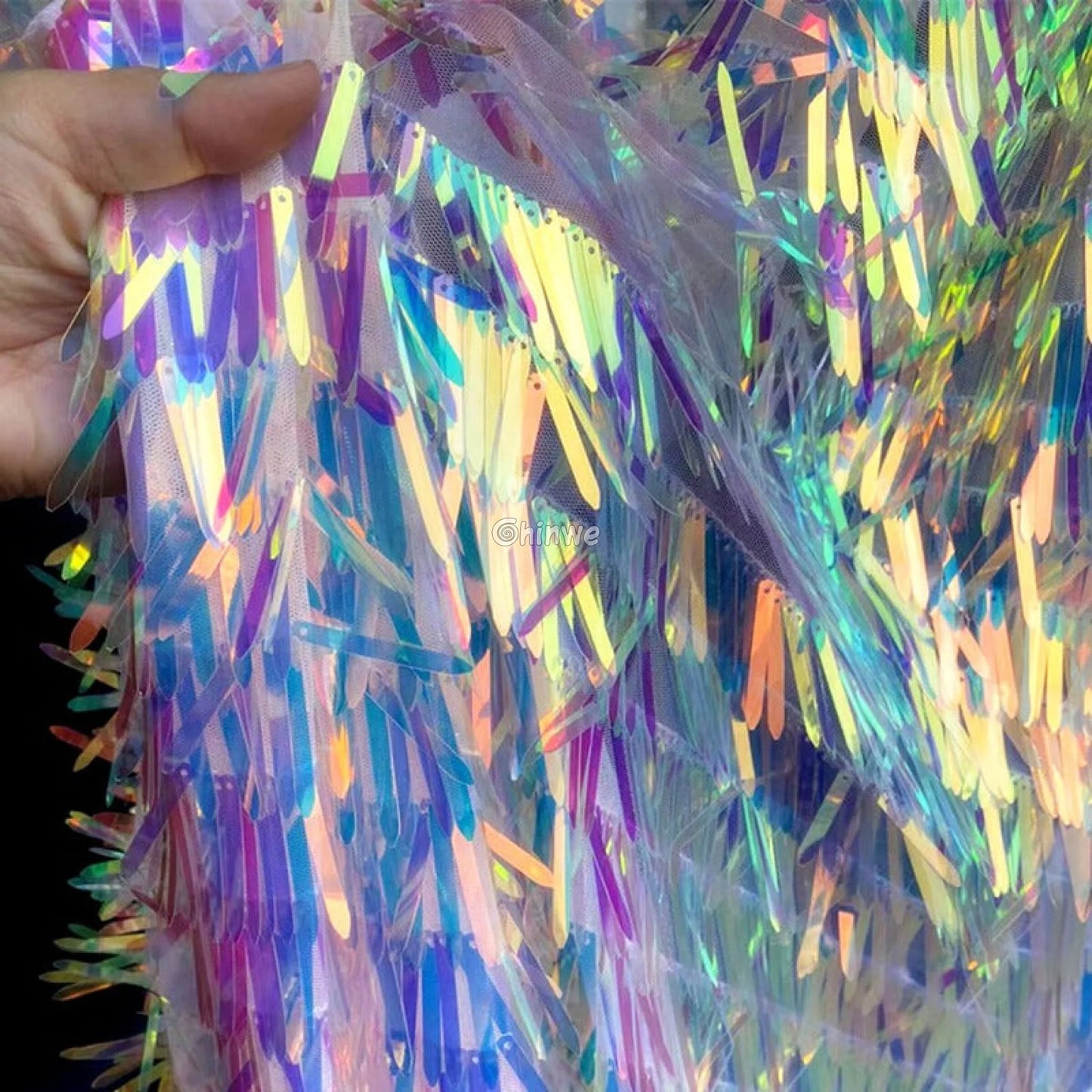 Iridescent Sequin Tinsel Fringe Fabric with Layered Shimmer Strips and Sheer Mesh Base Lace