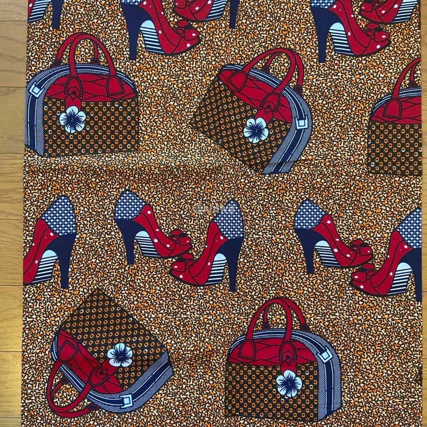 Mustard Yellow & Red Ankara Wax Print Fabric with Handbag and High-Heel Motif 6 yards cotton