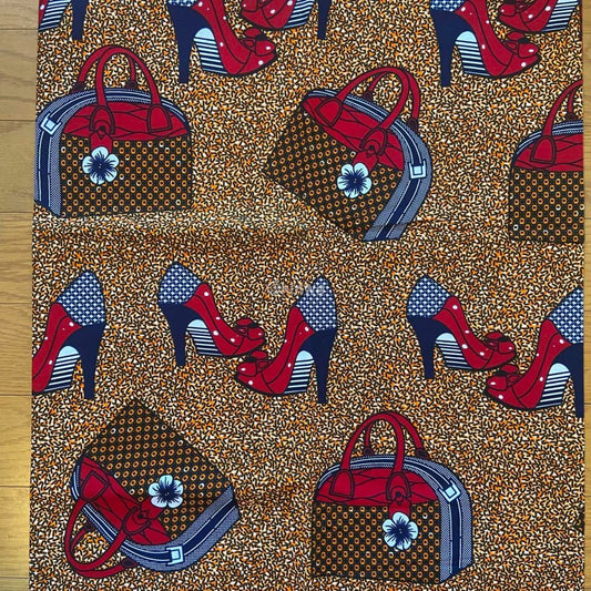 Mustard Yellow & Red Ankara Wax Print Fabric with Handbag and High-Heel Motif 6 yards cotton