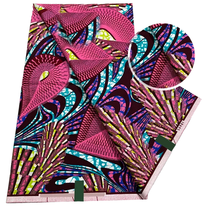 Magenta Fan Ankara Flash Gold Wax Print Fabric – Pink Peacock Fans with Lime Accents, 6 Yards