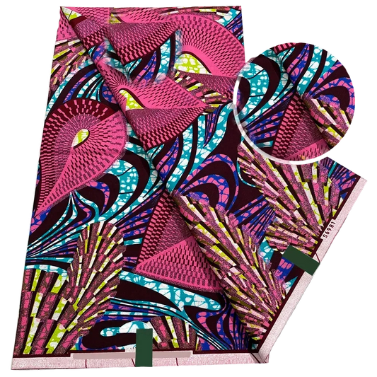 Magenta Fan Ankara Flash Gold Wax Print Fabric – Pink Peacock Fans with Lime Accents, 6 Yards
